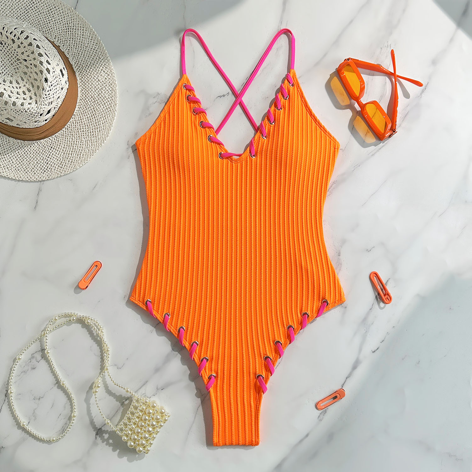 Lace-Up Colorblock Sexy One-Piece Strap Swimsuit