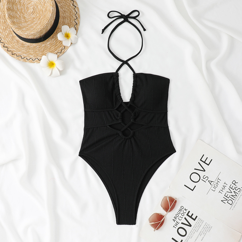 Ribbed Solid Color One-Piece Lace-Up Low Back Sexy Swimsuit