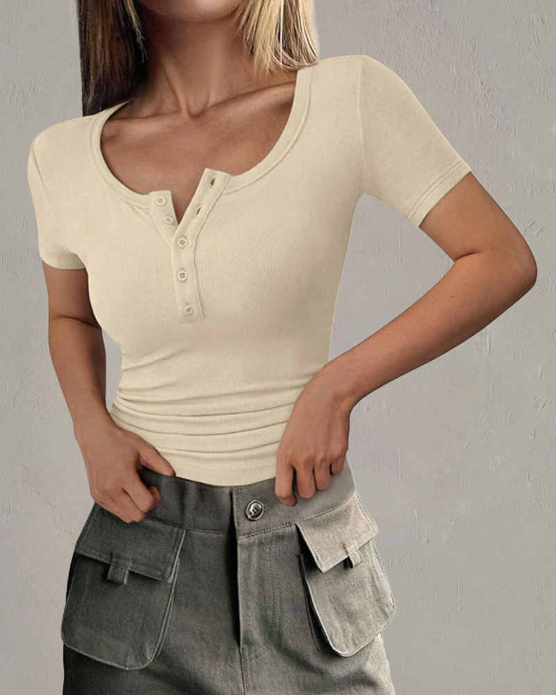 Women Summer Short Sleeve Toprib Knit T-Shirt