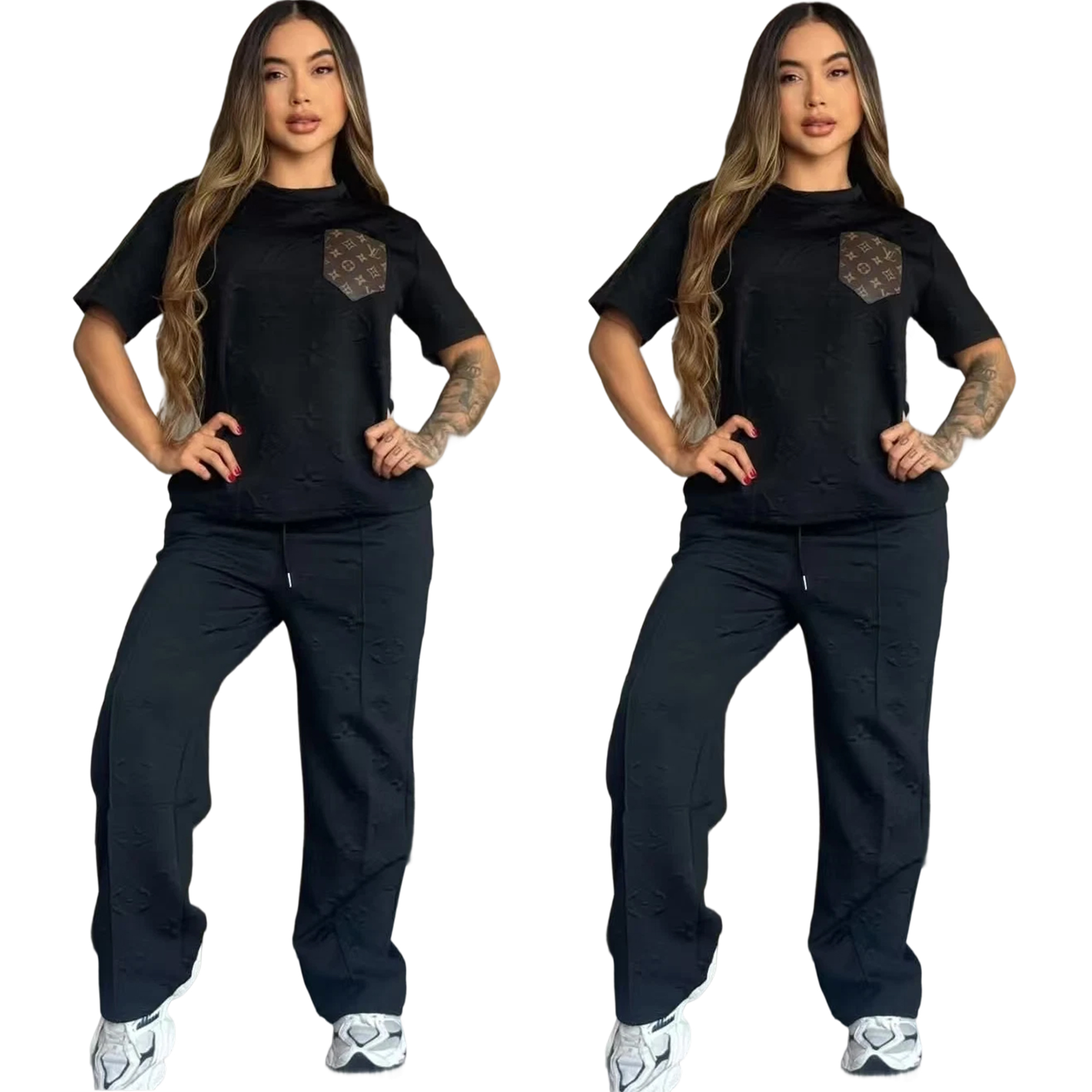 Women casual Pu-Leather pocket short-sleeved top and long pants jacquard two-piece set