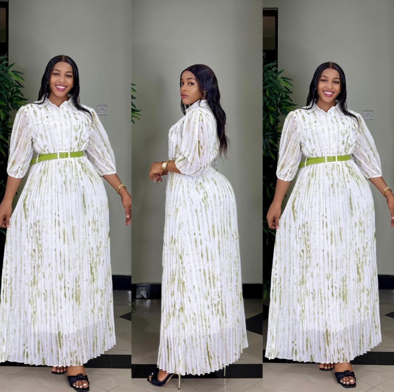 African Women Printed Turndown Collar Long Sleeve Chiffon Dress with Belt