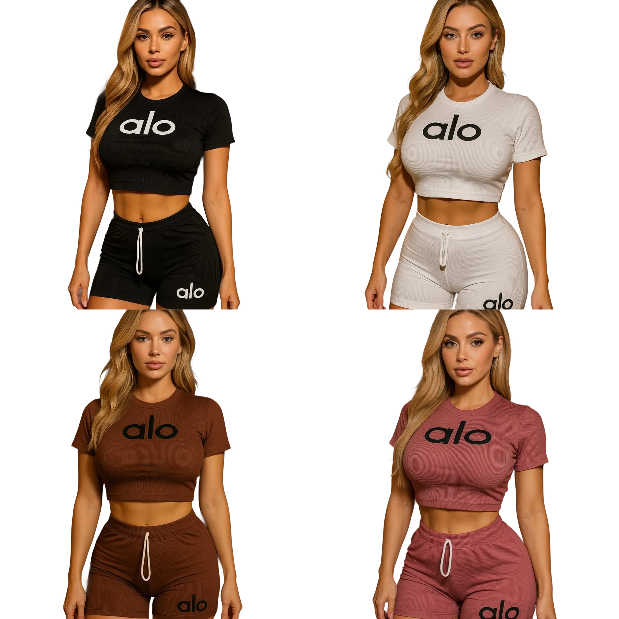 Women summer Stretch Round Neck short-sleeved top and shorts two-piece set