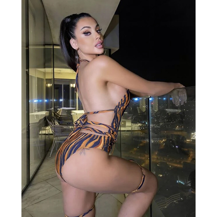 Sexy Hollow Halter Neck Tiger Print Lace-Up One-Piece Swimsuit