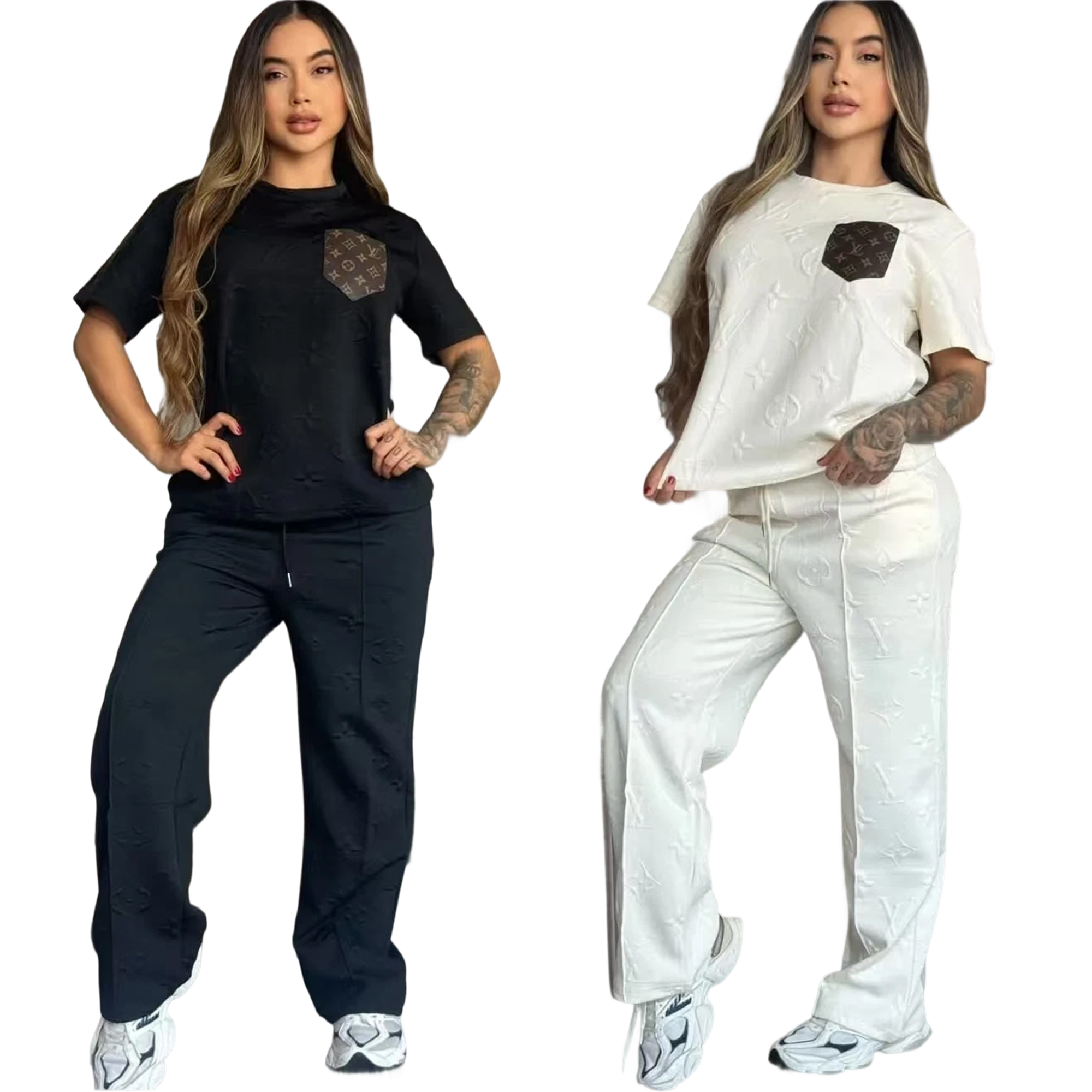 Women casual Pu-Leather pocket short-sleeved top and long pants jacquard two-piece set