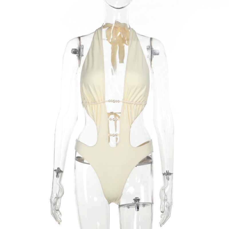 Women's Spring Swimming and Summer Fashion Beaded Hollow Halter Neck Bodysuit