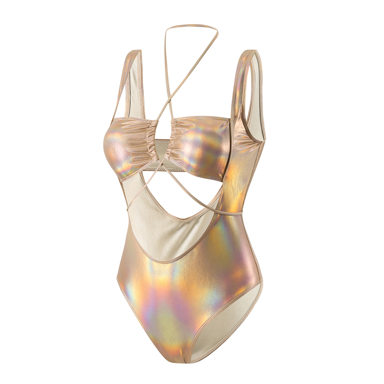 Sexy Hollow Drawstring Glossy One-Piece Swimsuit