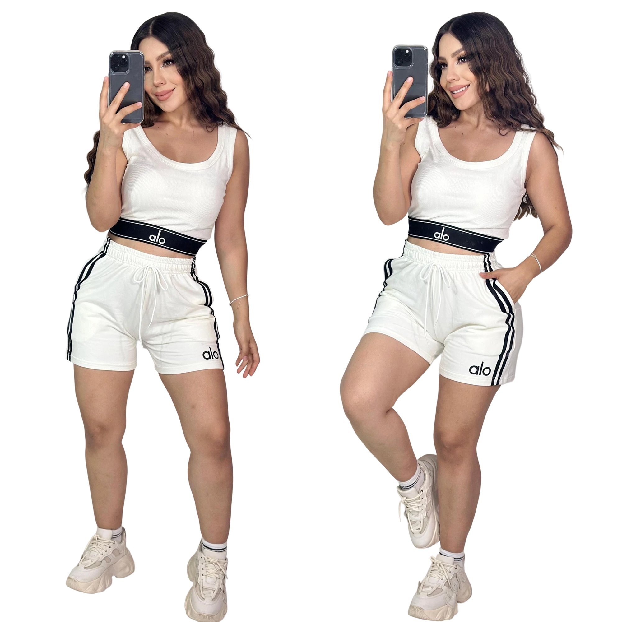 Women summer Solid embroidery Round Neck Sleeveless Vest Shorts Two-Piece Set