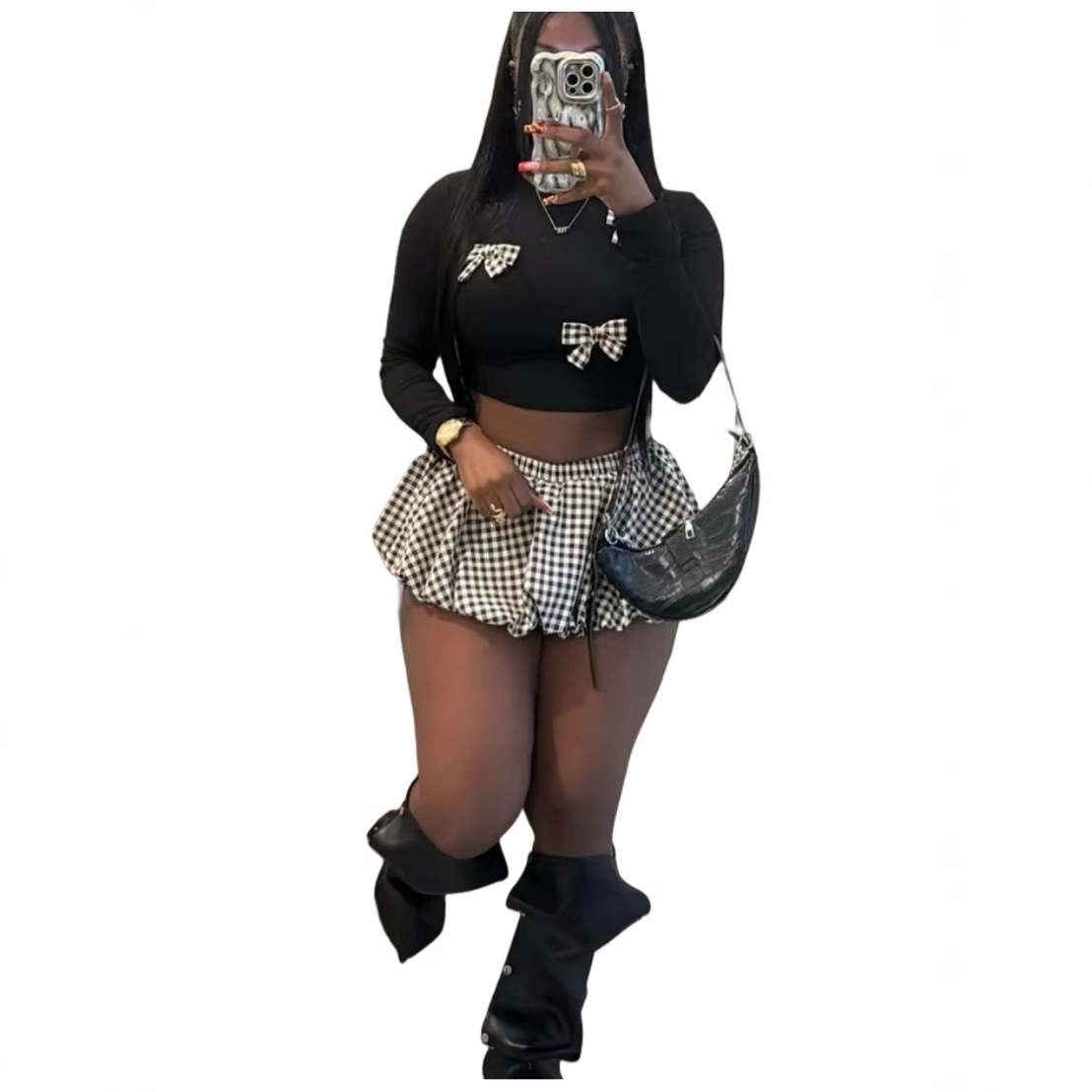 Bow Knot Long Sleeve Crop Top Shorts Two Piece Set
