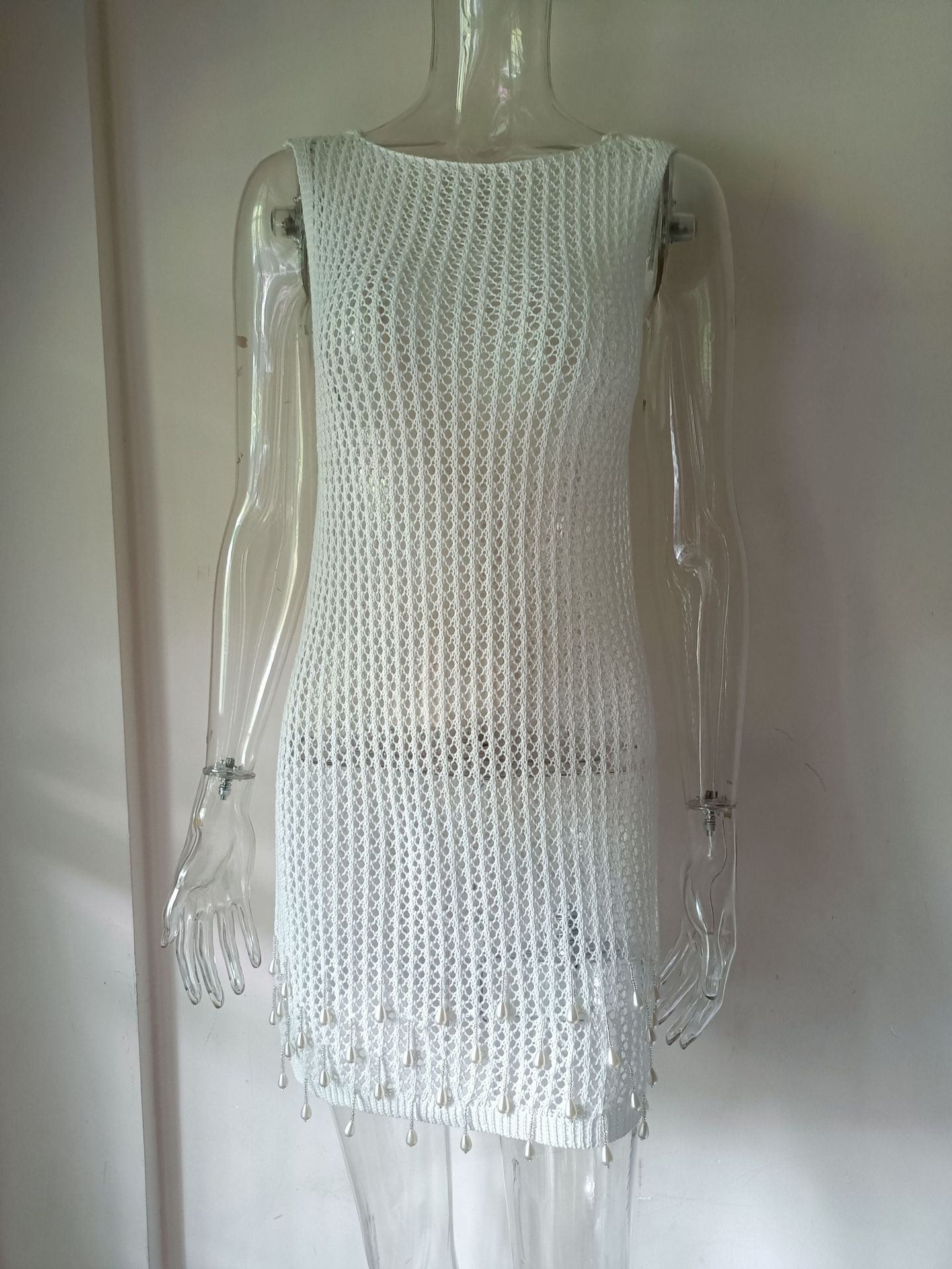 Women bikini tassel beaded suspender beach shirt hollow knitting Dress