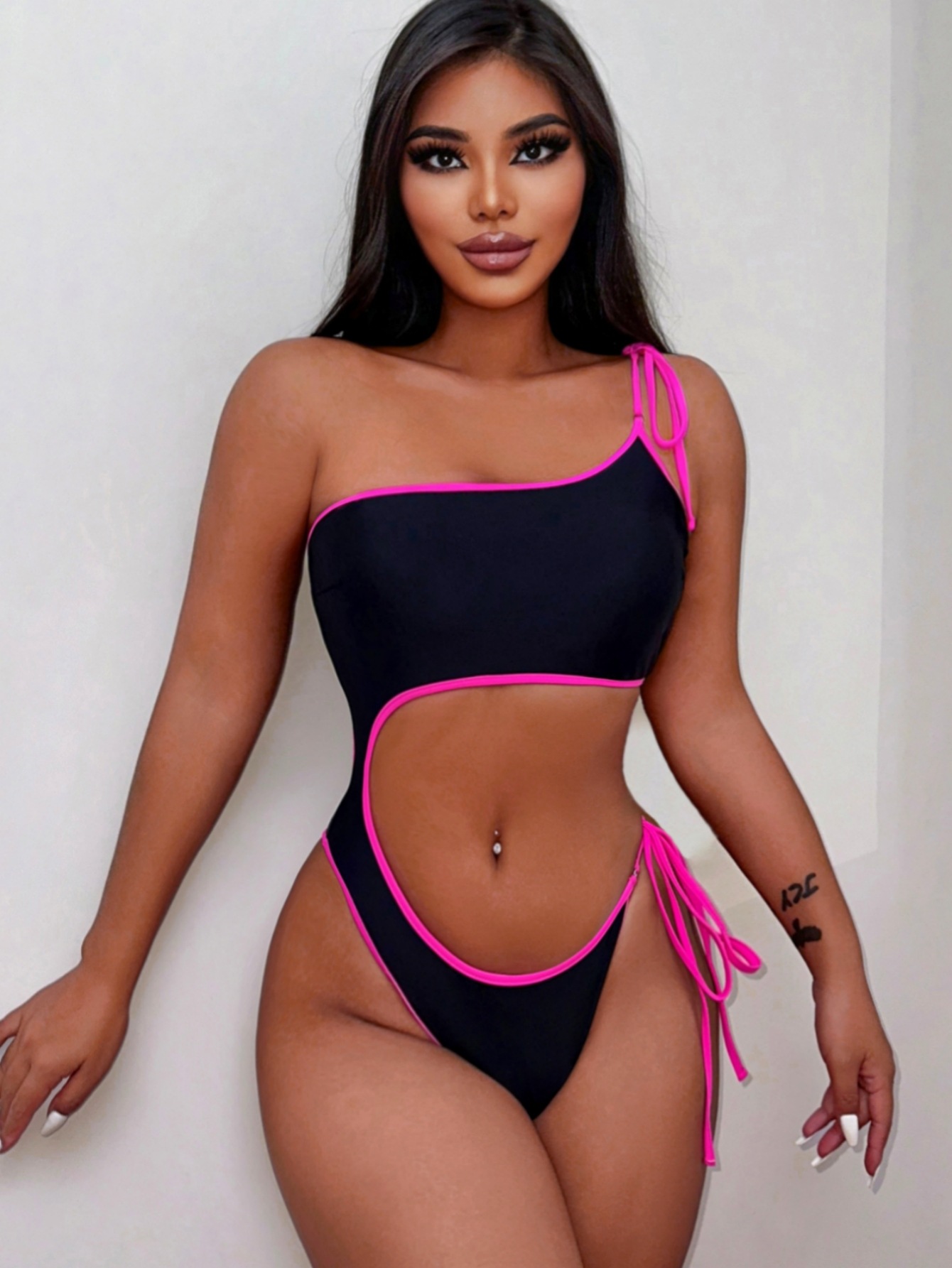 Women black sexy lace-up one-piece Swimwear