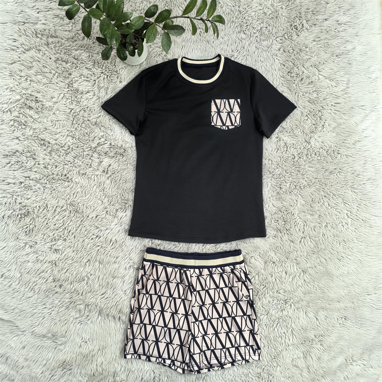 Women summer printed Round Neck pocket short-sleeved top and shorts two-piece set