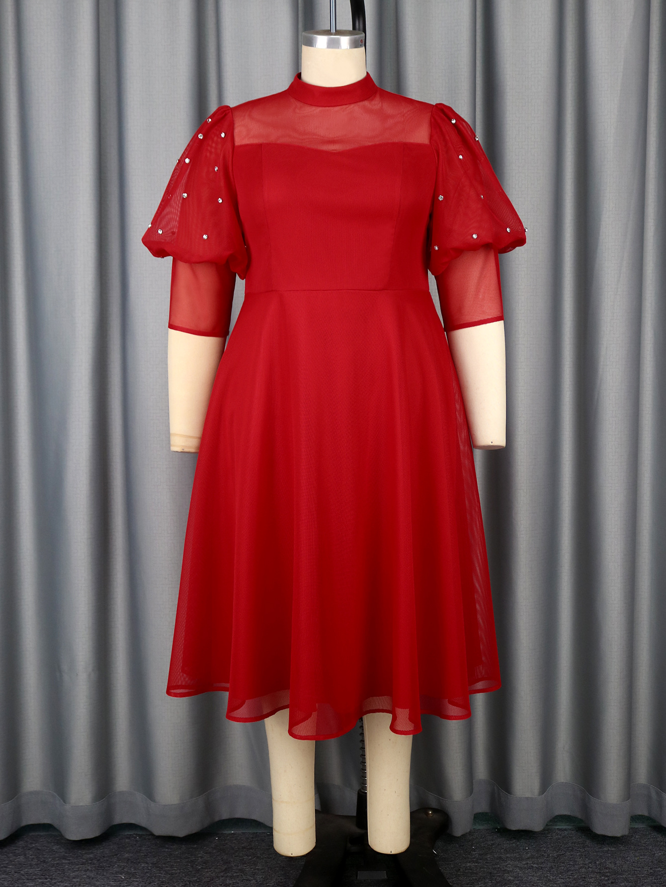 Plus Size Women Red Translucent Lantern Sleeve Half High Neck Elegant Dress