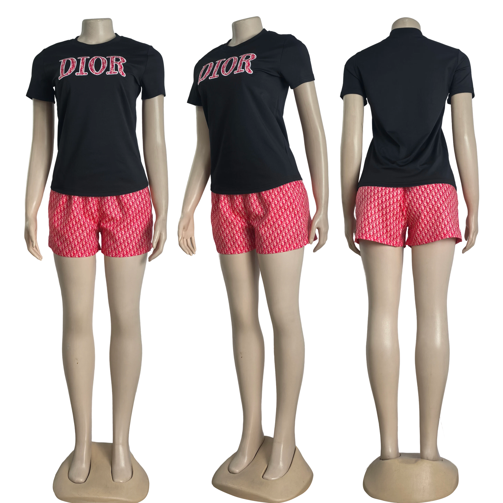 Women summer embroidery + printed short-sleeved top and shorts two-piece set