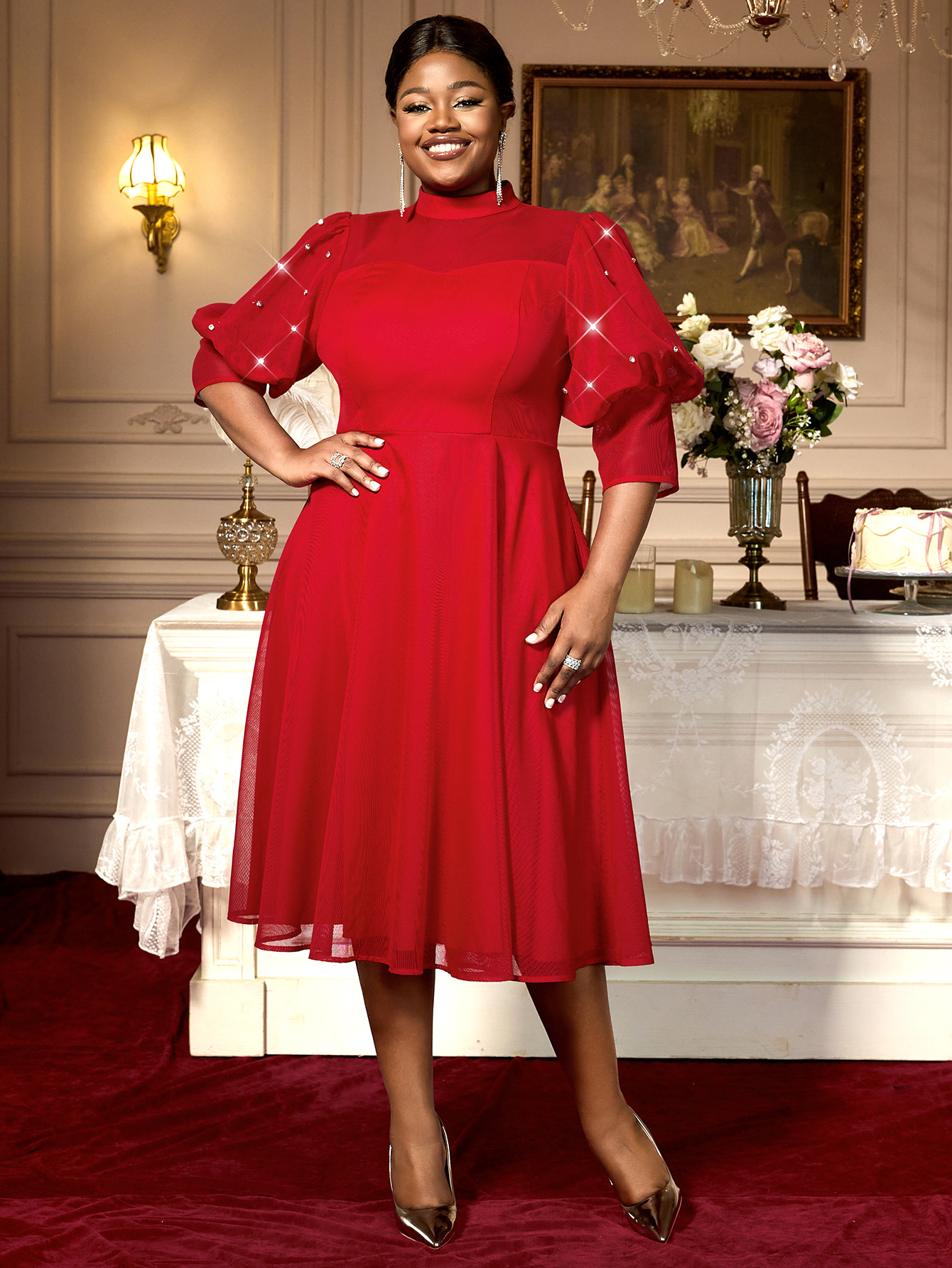 Plus Size Women Red Translucent Lantern Sleeve Half High Neck Elegant Dress