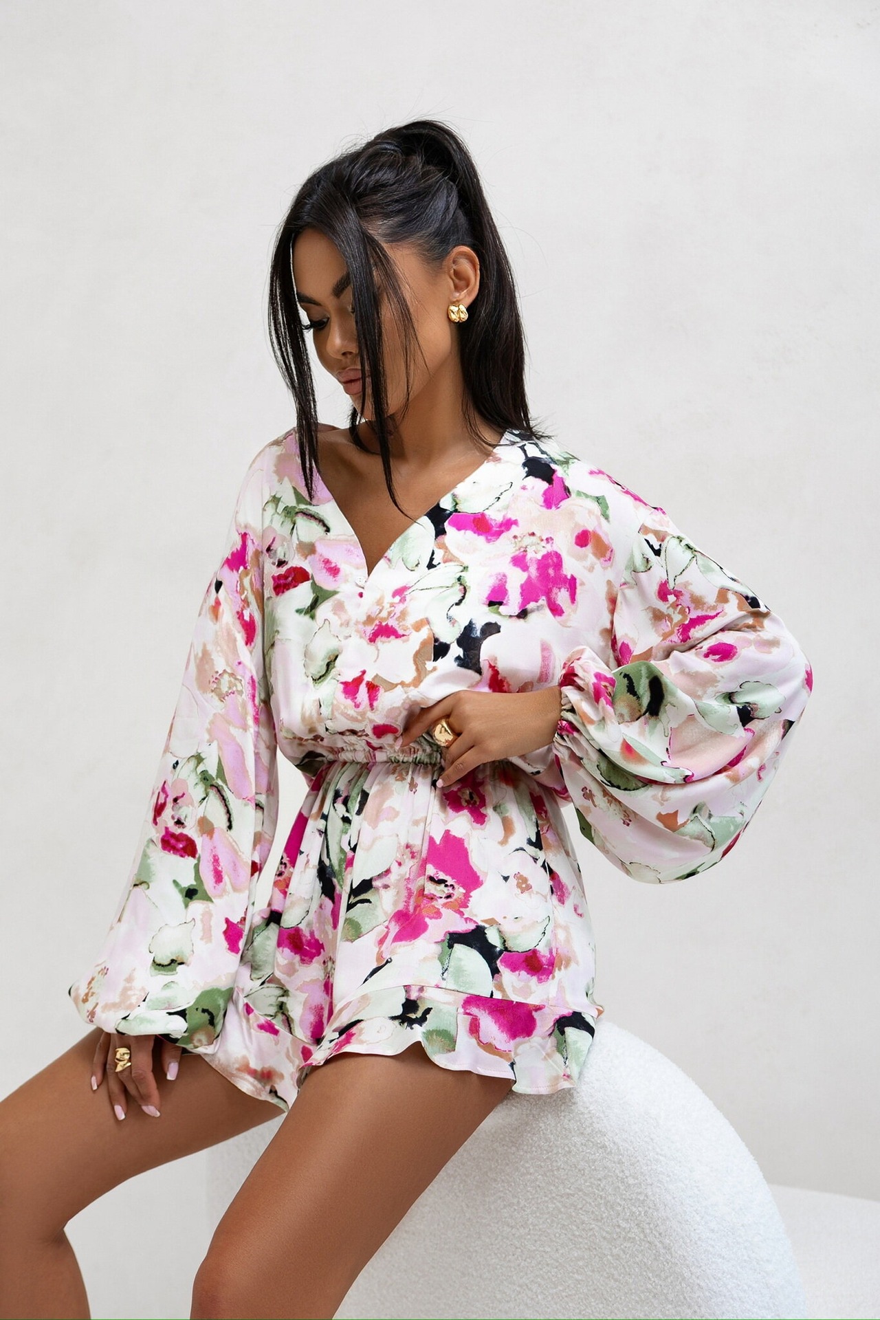 Women Printed V-Neck Long Sleeve Jumpsuit
