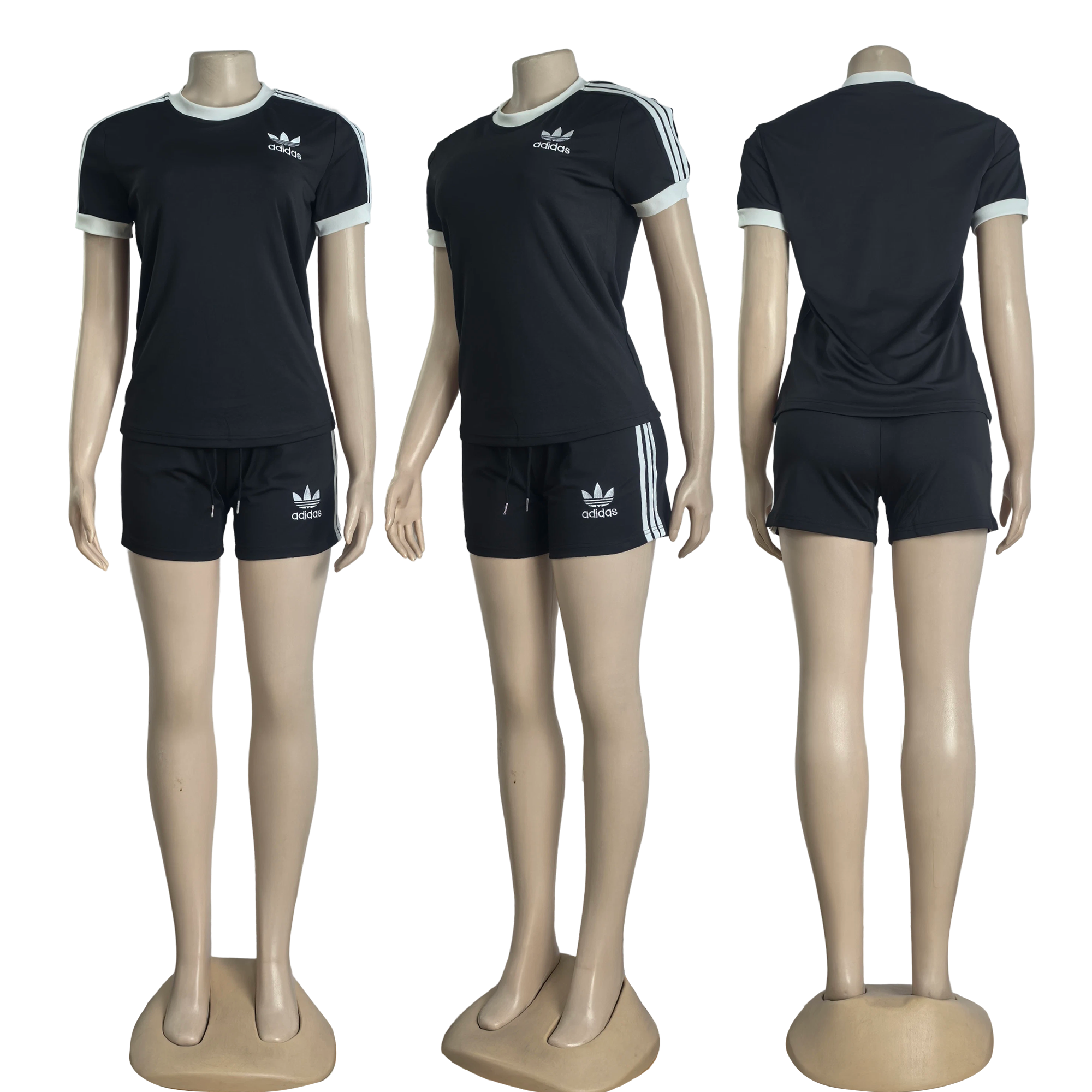 Women casual summer pocket embroidery sports striped short-sleeved top and shorts two-piece set