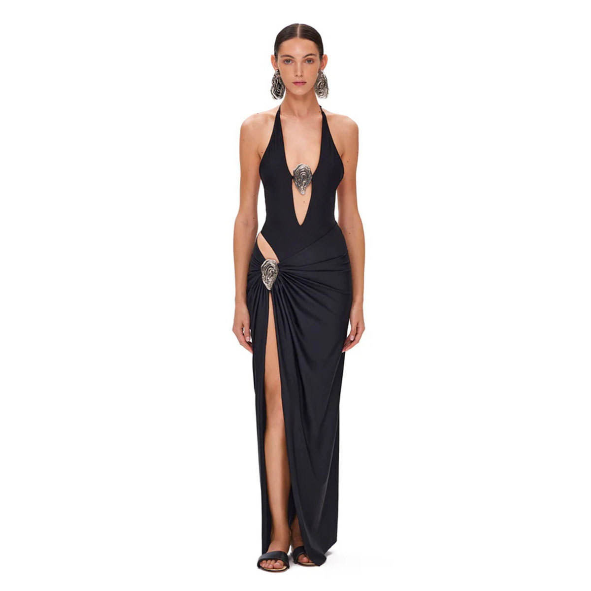 Women Solid V Neck Backless One-Piece Swimwear
