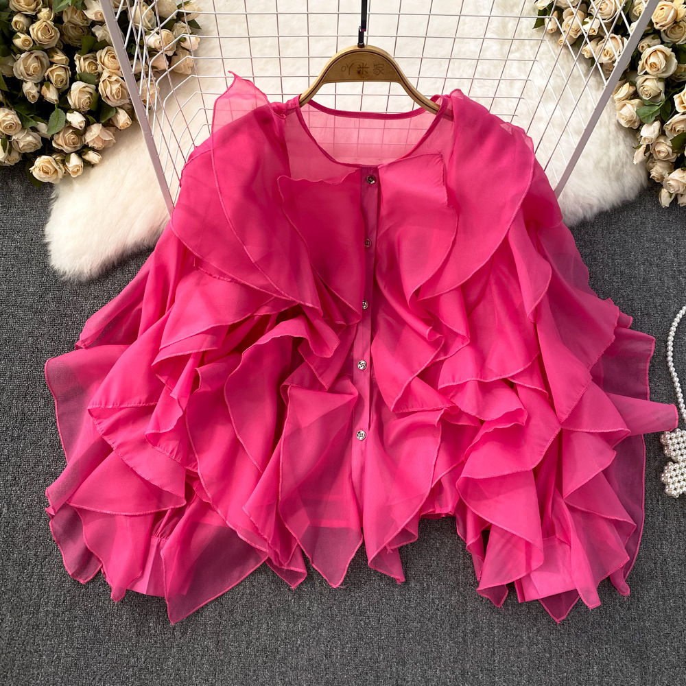 Women Round Neck Irregular Lotus Long Sleeve Casual Top Shirt