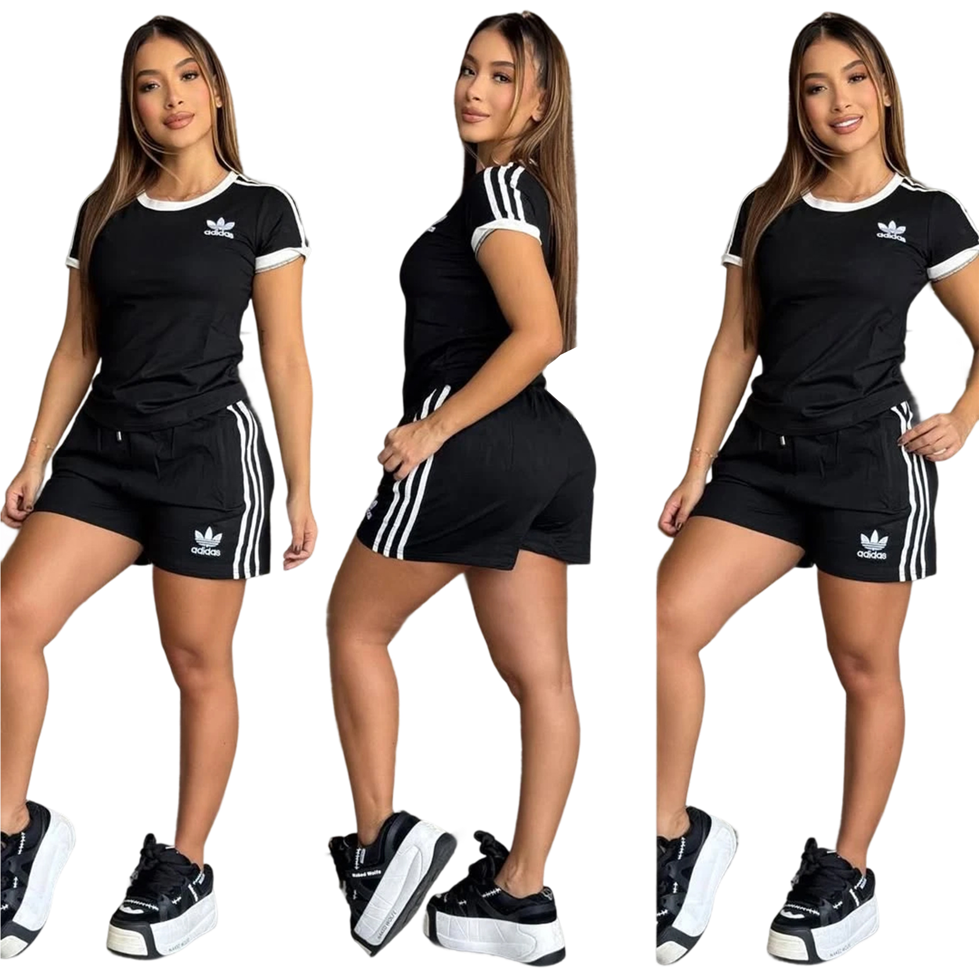 Women casual summer pocket embroidery sports striped short-sleeved top and shorts two-piece set