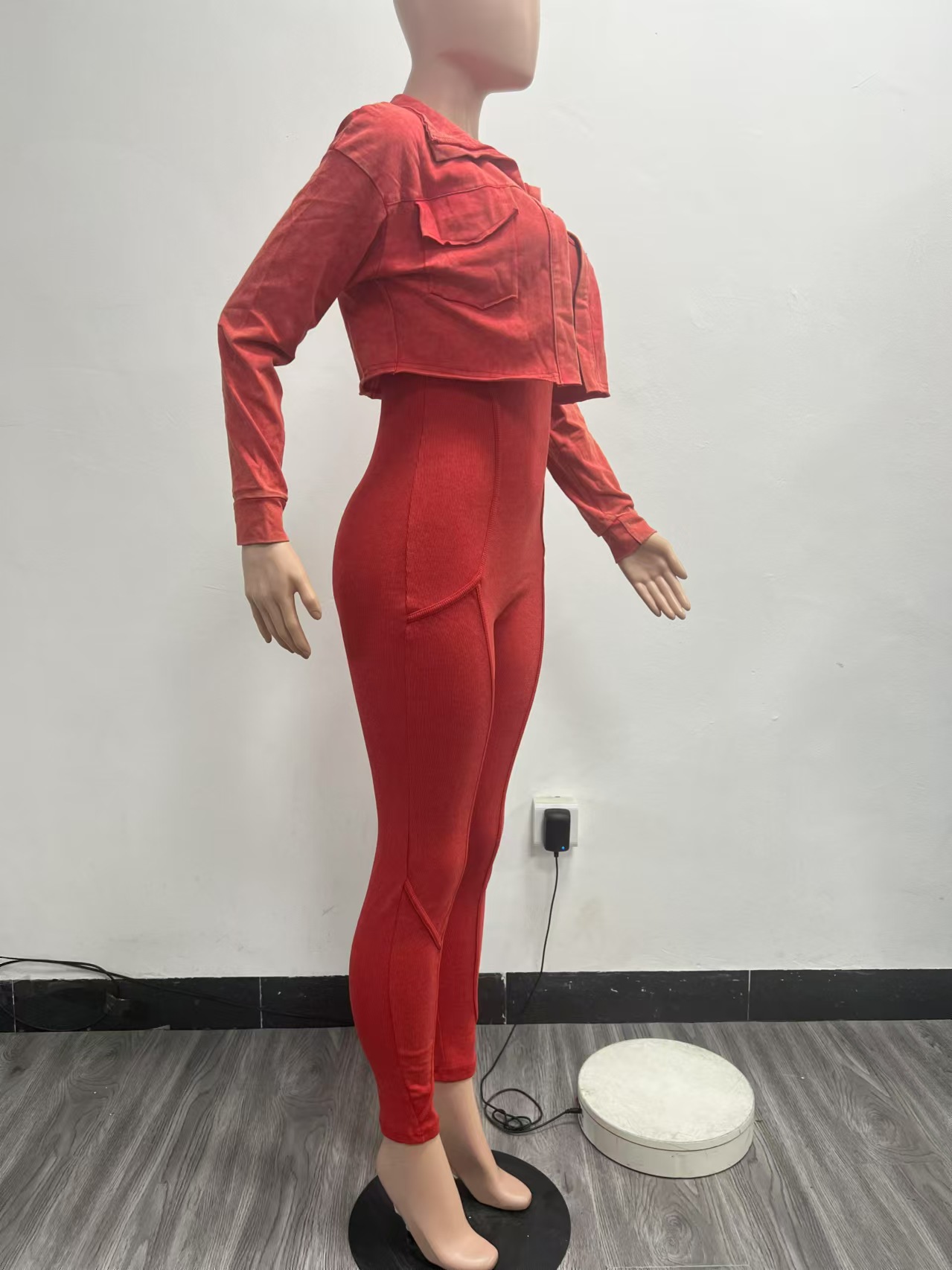 Fashion Women's Solid Color Tight Slim Jumpsuit Coat Casual Two-Piece Set