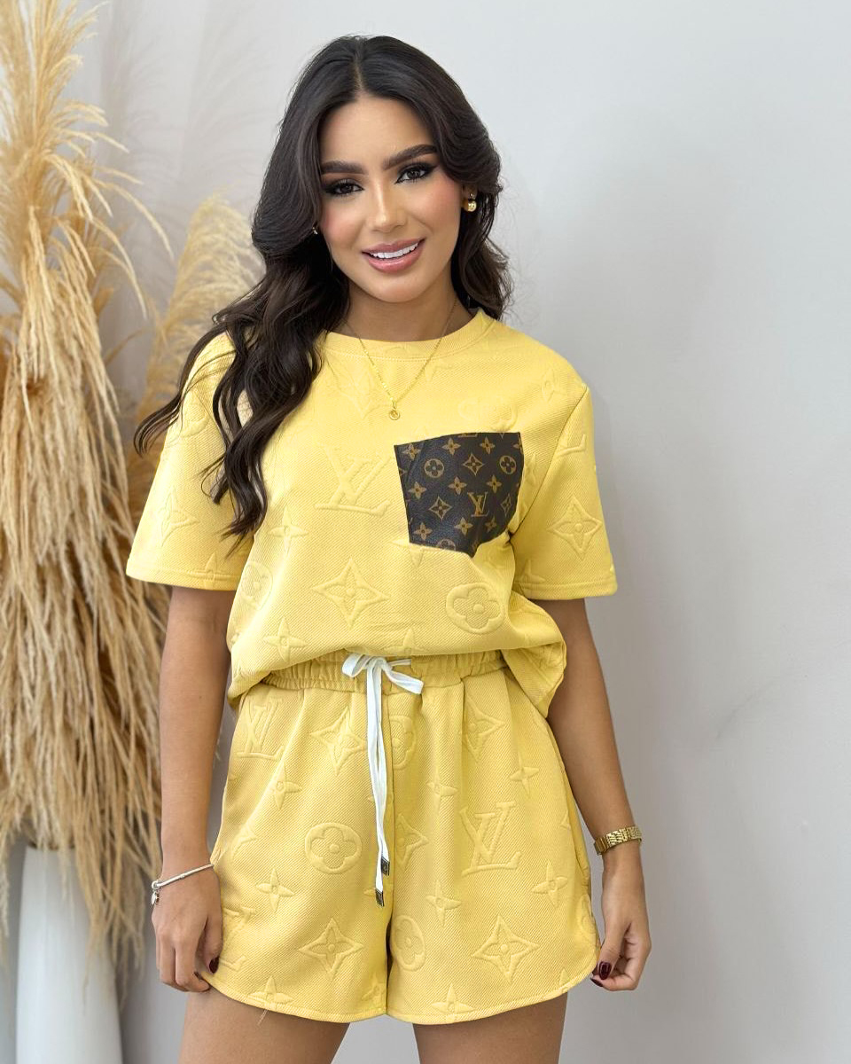 Women casual Pu-Leather pocket jacquard short-sleeved top and shorts sports two-piece set