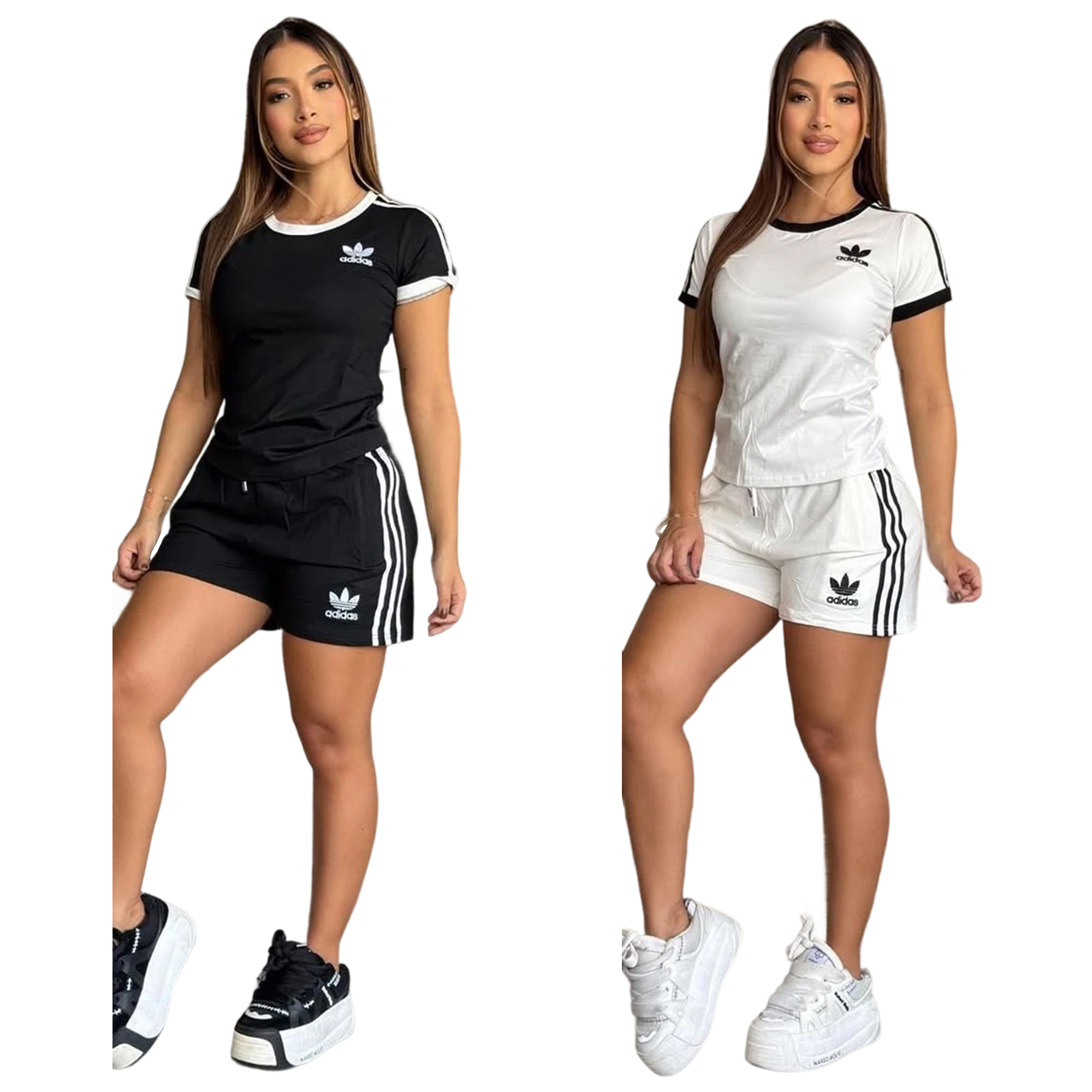 Women casual summer pocket embroidery sports striped short-sleeved top and shorts two-piece set
