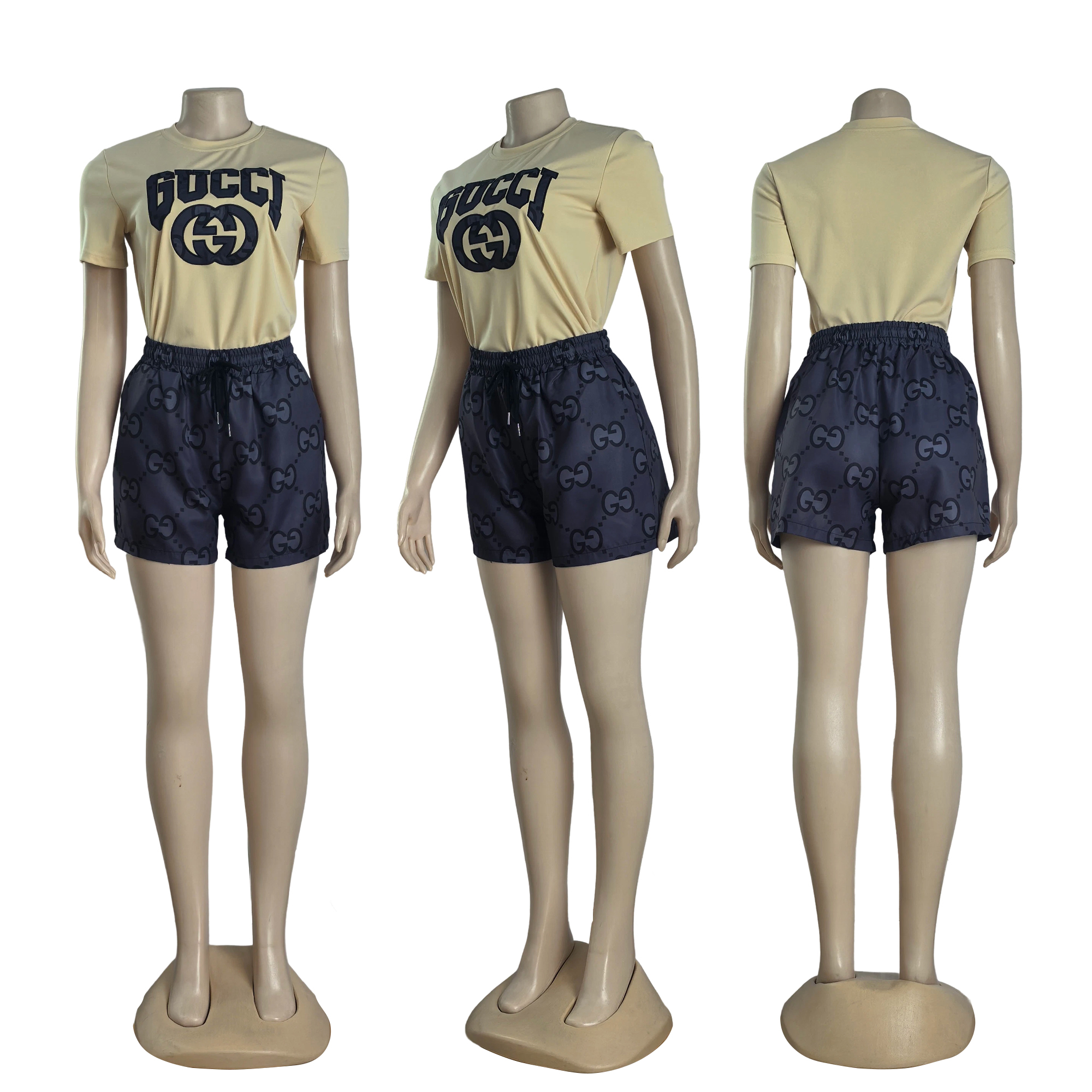 Women Summer Embroidered Printed Short Sleeve Top and Shorts Two-Piece Set