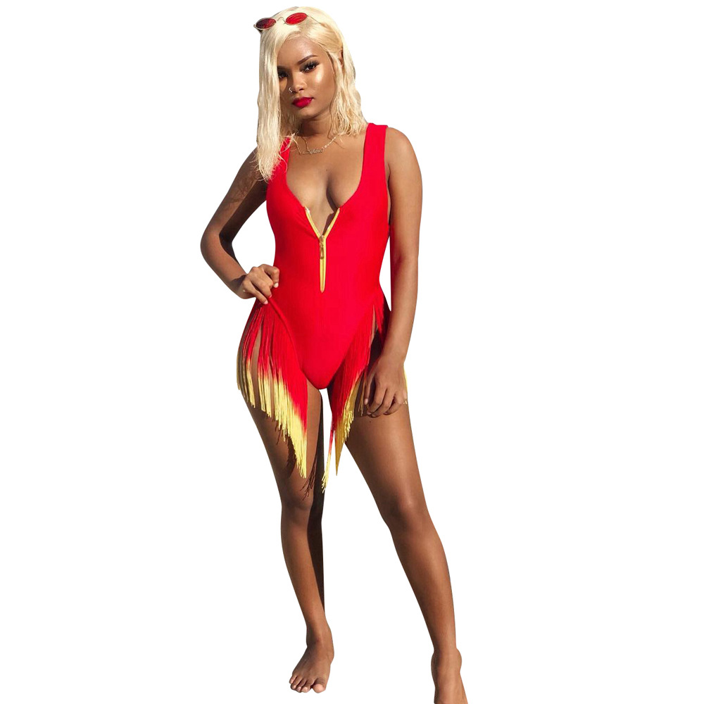 Women's Summer Gradient Color Tassel One-piece Swimsuit