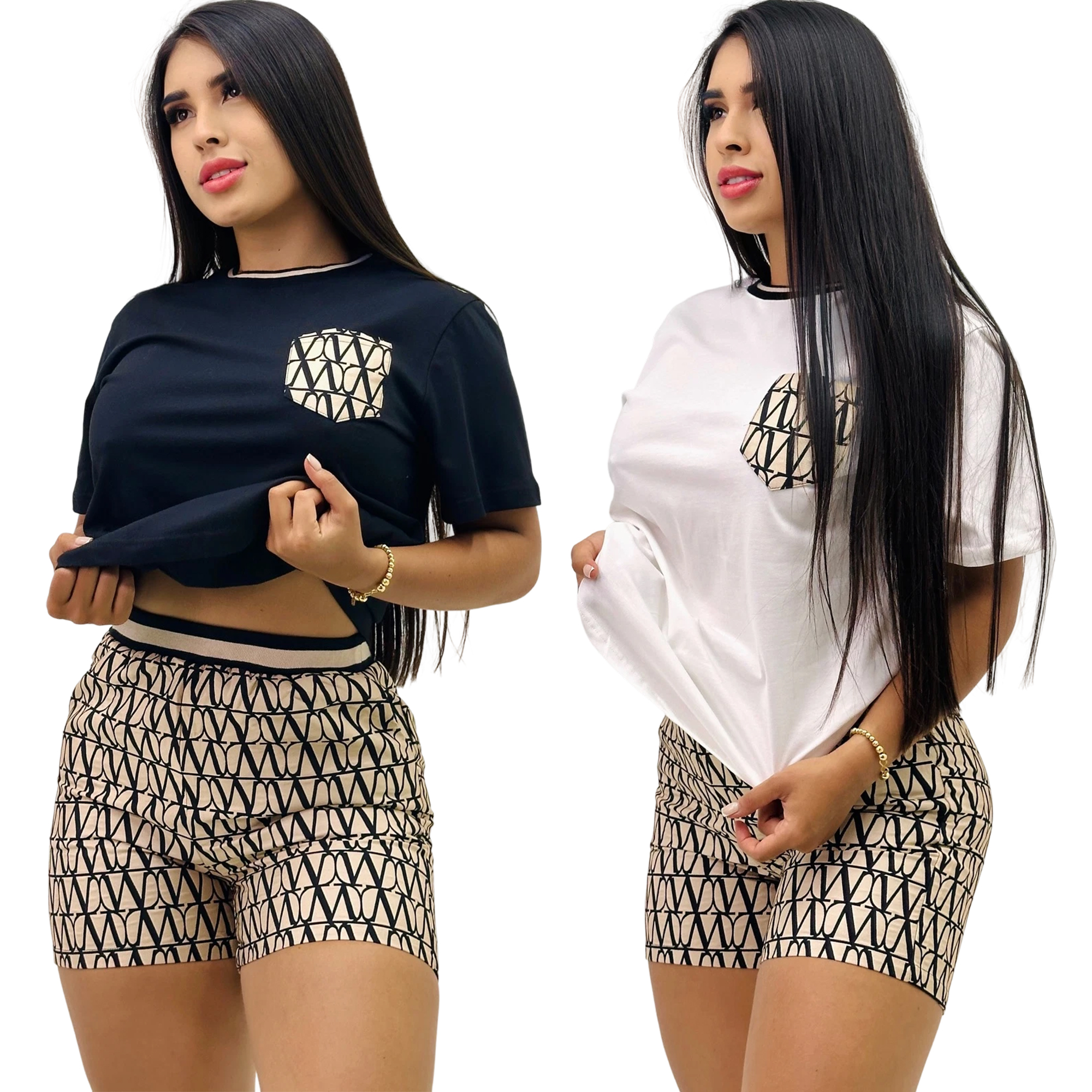 Women summer printed Round Neck pocket short-sleeved top and shorts two-piece set