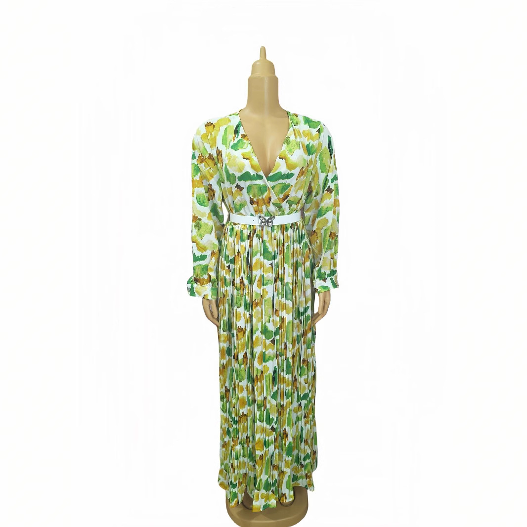 African Women Printed V-Neck Long Sleeve Maxi Dress with Belt