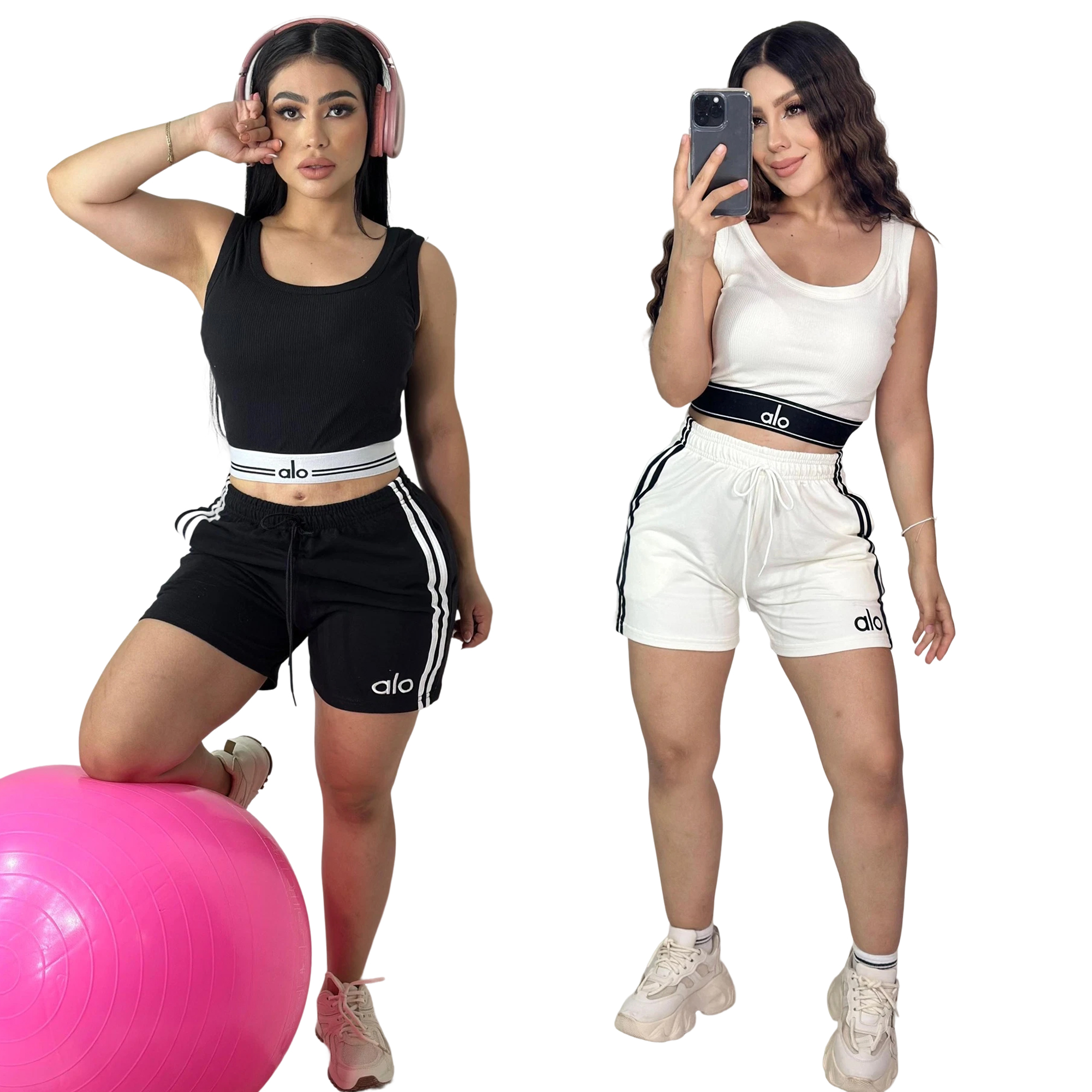 Women summer Solid embroidery Round Neck Sleeveless Vest Shorts Two-Piece Set