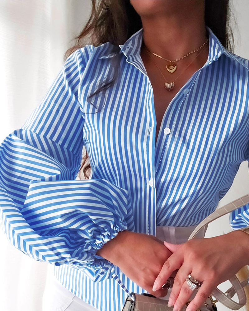 Women Light Blue Striped Lantern Sleeve Shirt