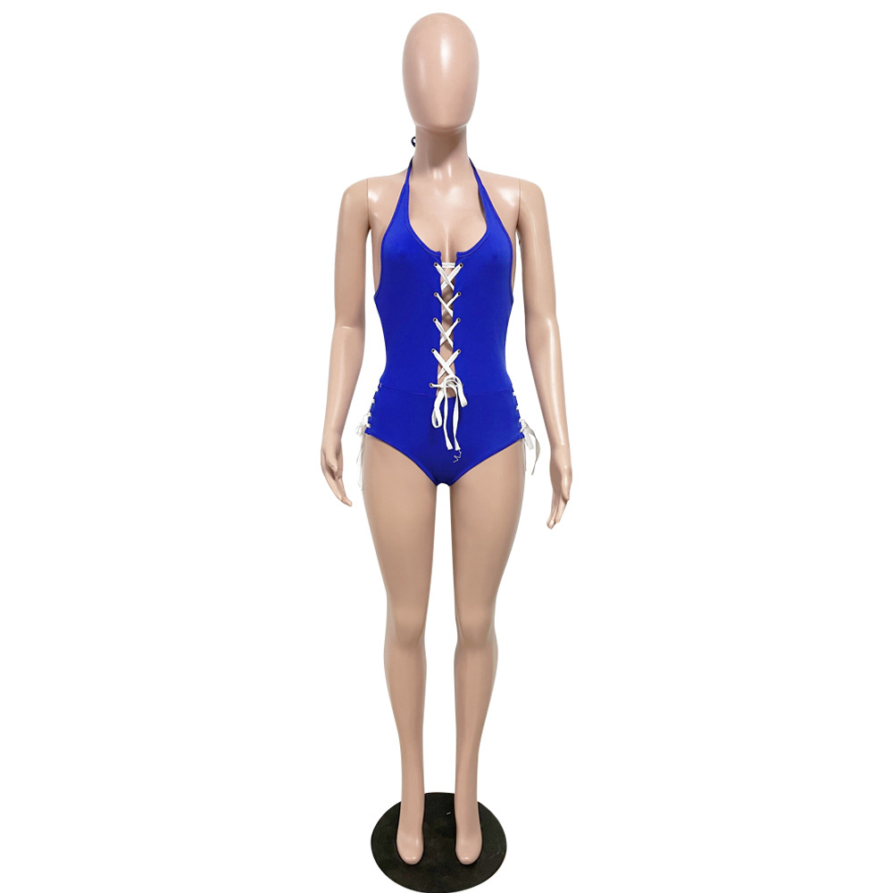 Women's sexy solid color Halter Neck one-piece hollow swimsuit