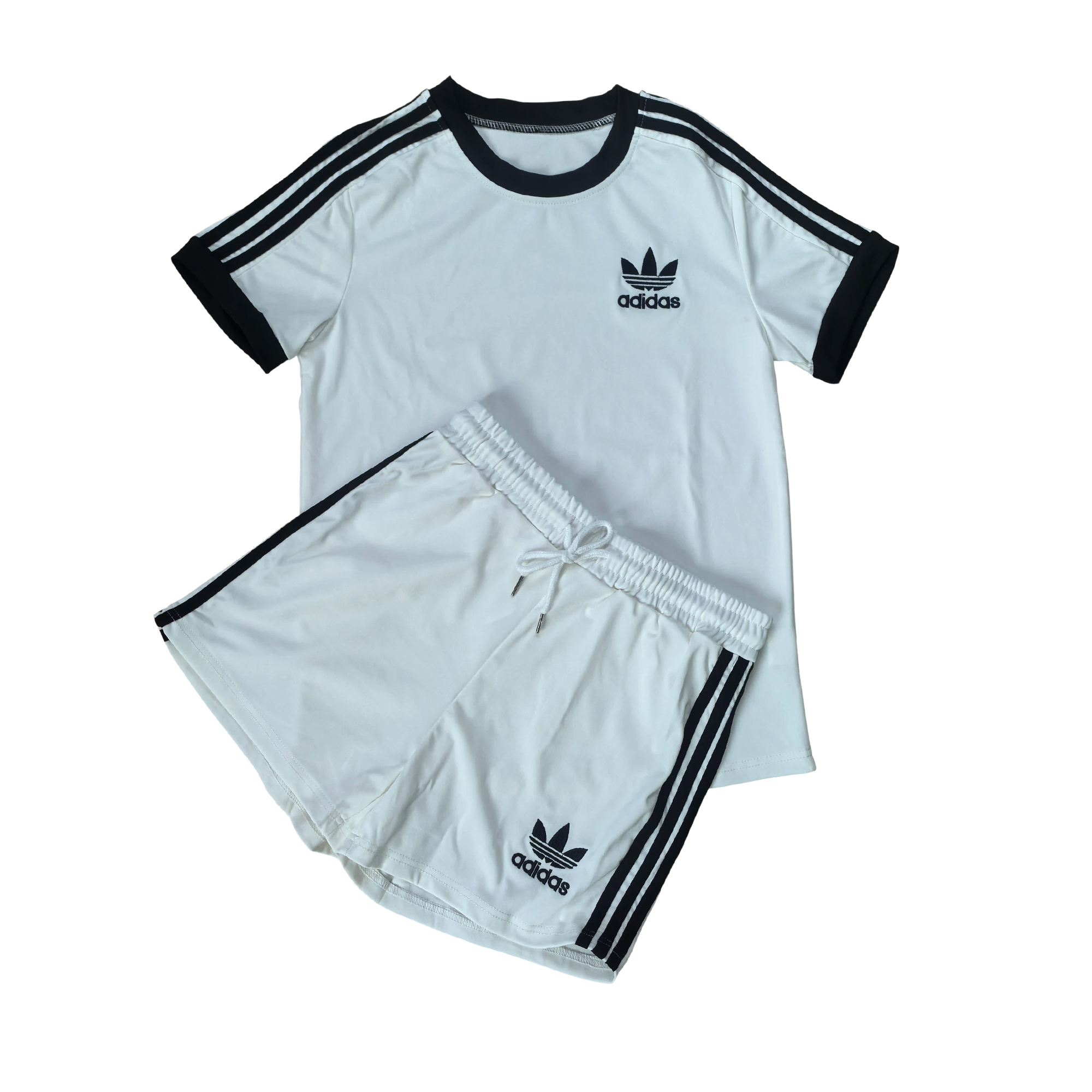 Women casual summer pocket embroidery sports striped short-sleeved top and shorts two-piece set