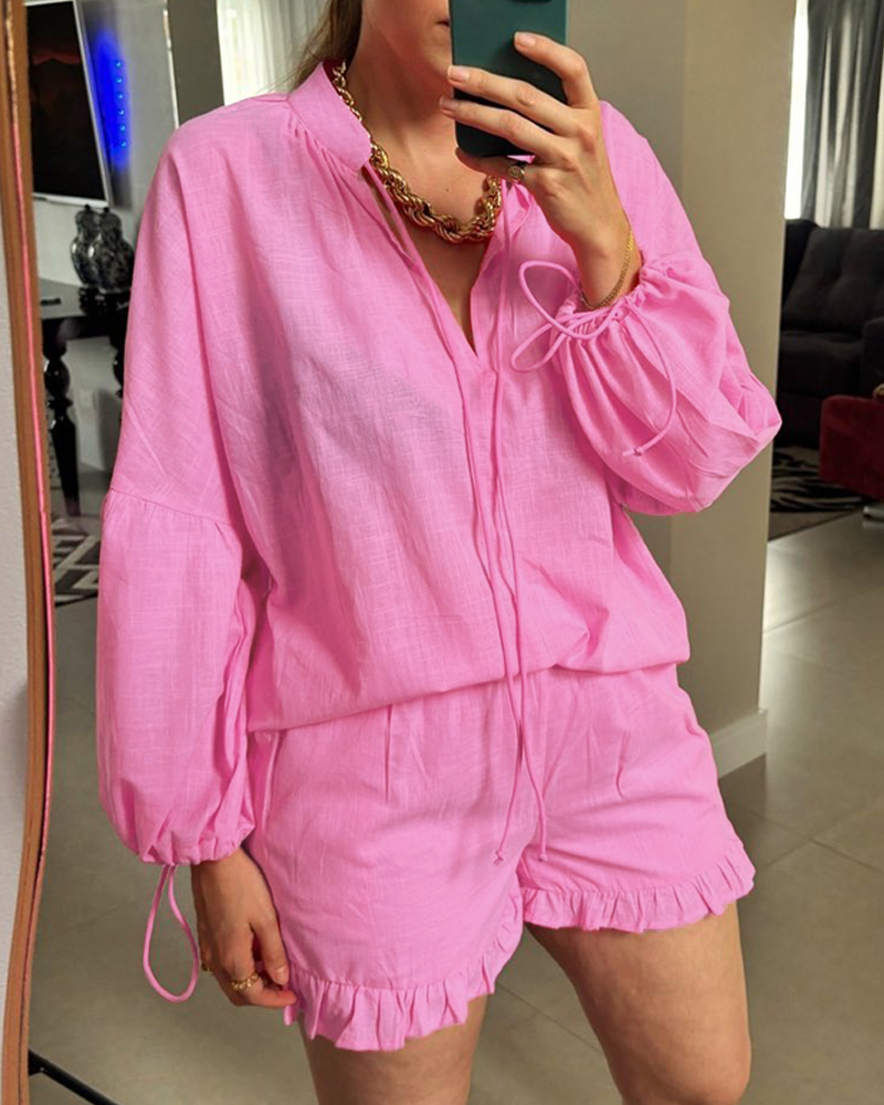 Women Rose Neck Lace-Up Puff Sleeve Top and Ruffle Edge Shorts Two-Piece Set
