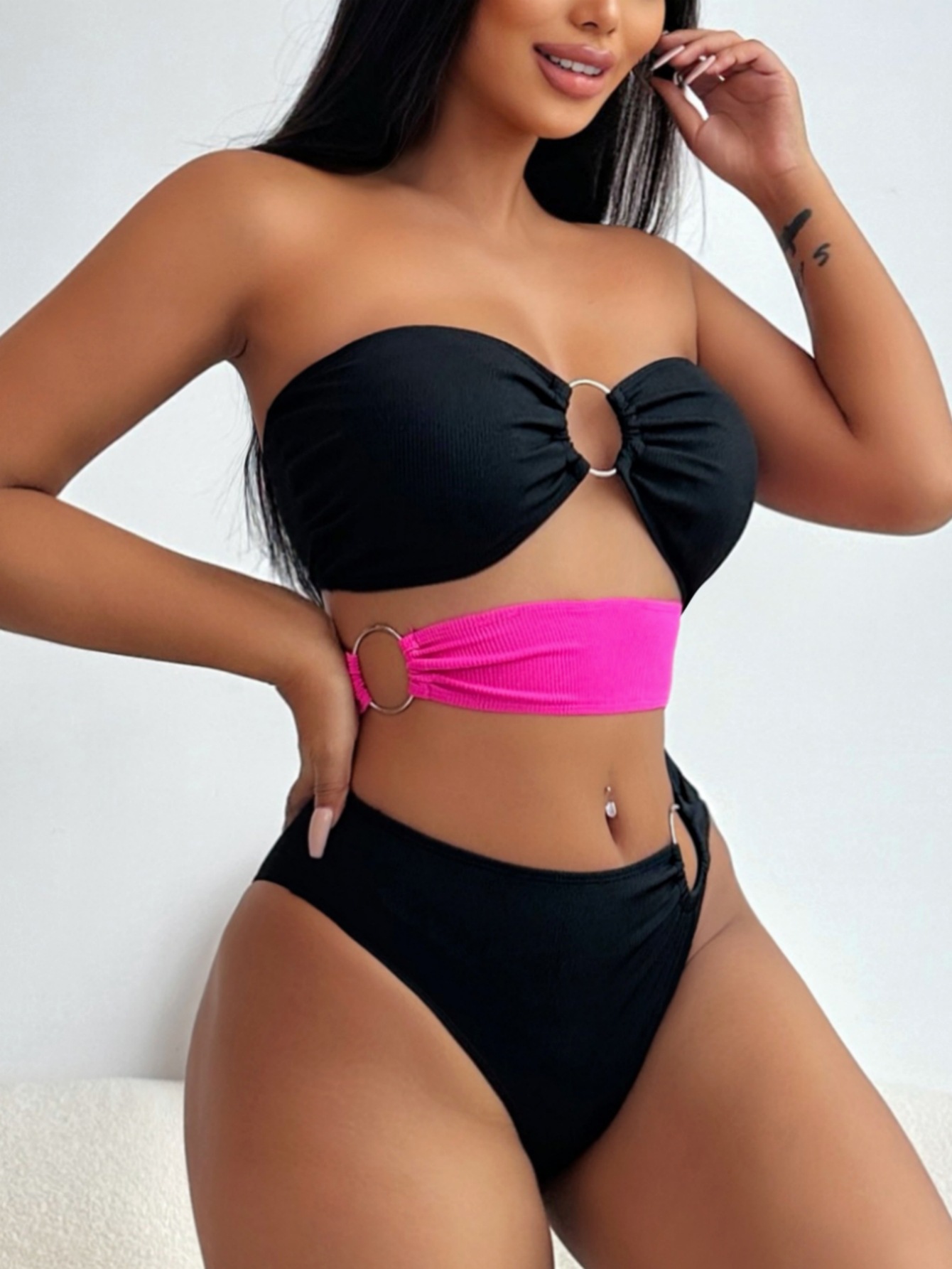 Contrast Color Strapless One-Piece Sexy Swimsuit