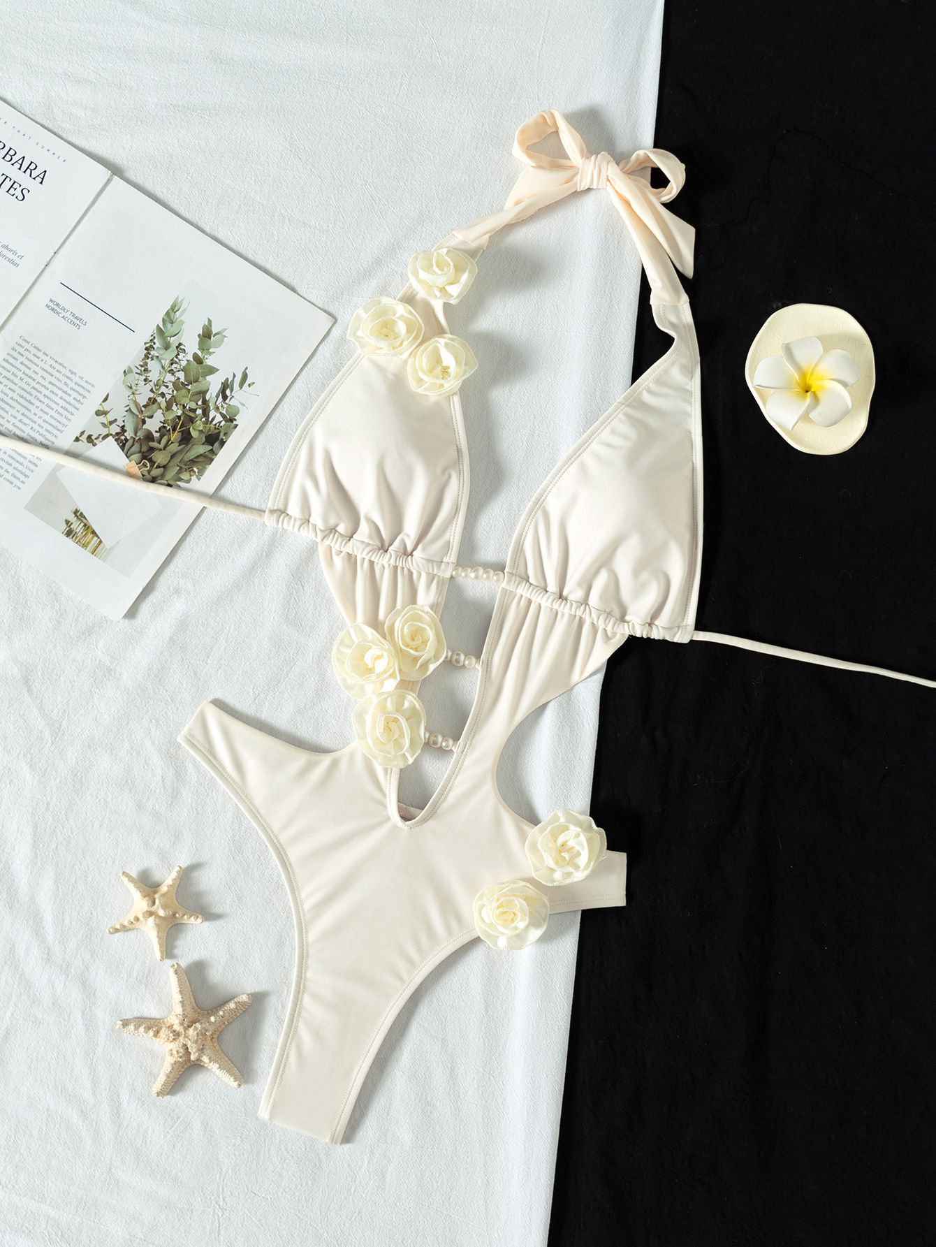 Women Solid Lace Pearl Flower Decoration Beach Sexy One-Piece Swimwear