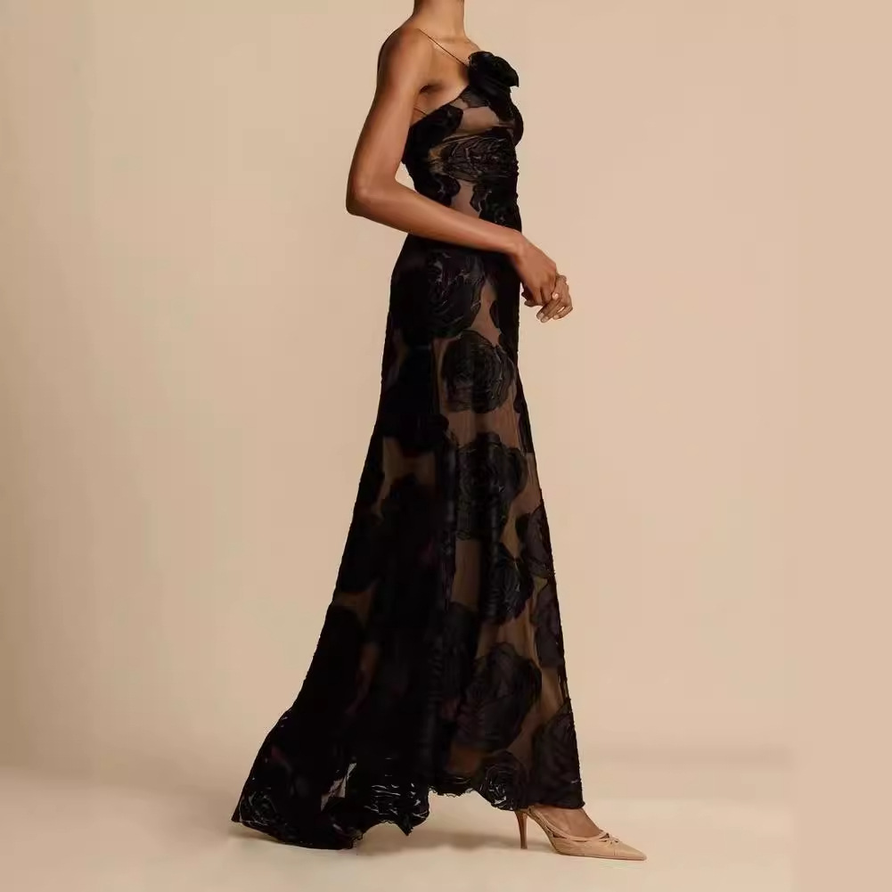 Women Black See-Through Suspender Backless sexy Dress