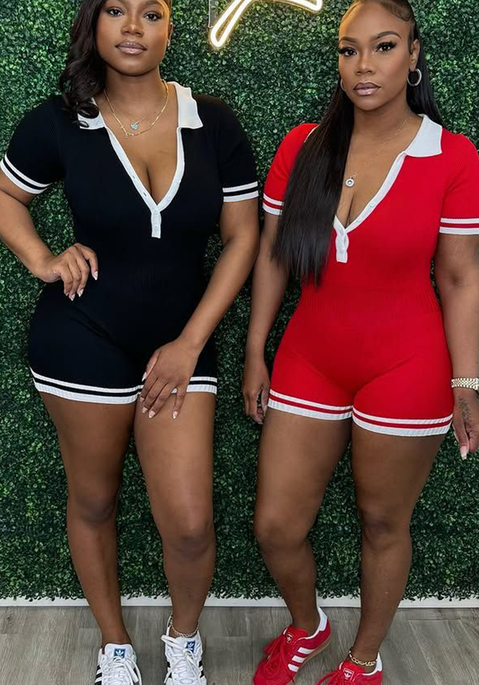 Women Summer American Casual Solid Sexy V-Neck Short Sleeve Jumpsuit