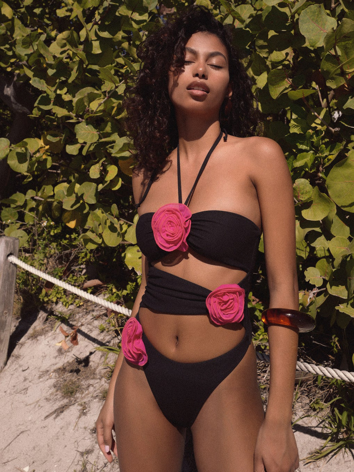 Women Halter Neck Strappy 3D Flower One-piece Swimwear