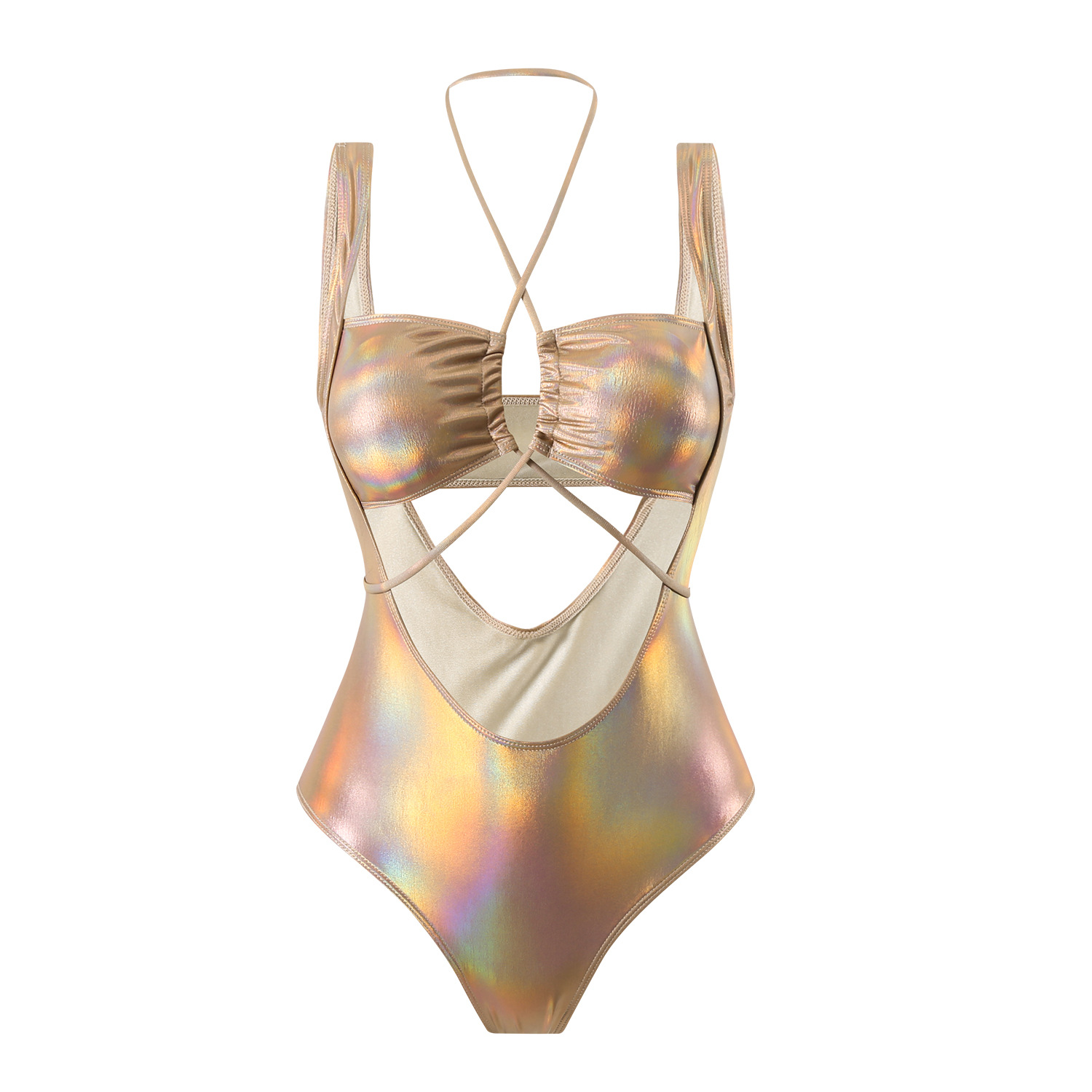 Sexy Hollow Drawstring Glossy One-Piece Swimsuit