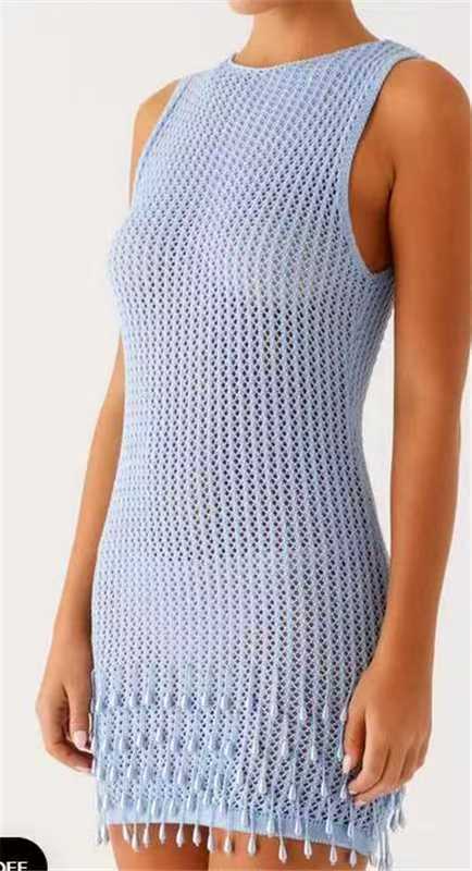 Women bikini tassel beaded suspender beach shirt hollow knitting Dress