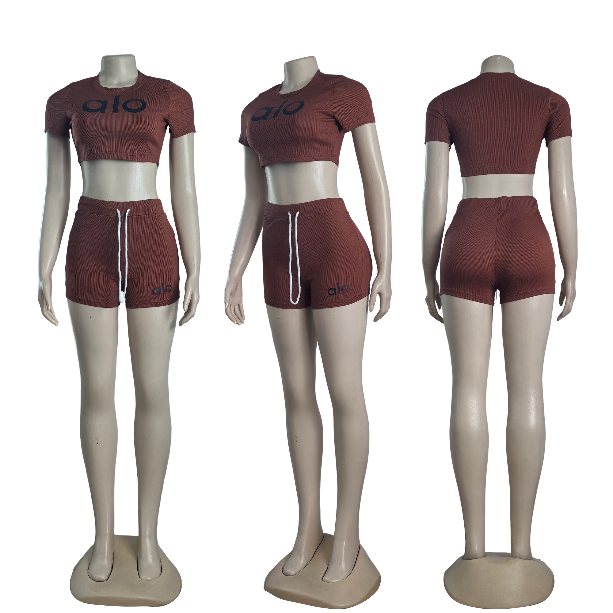 Women summer Stretch Round Neck short-sleeved top and shorts two-piece set