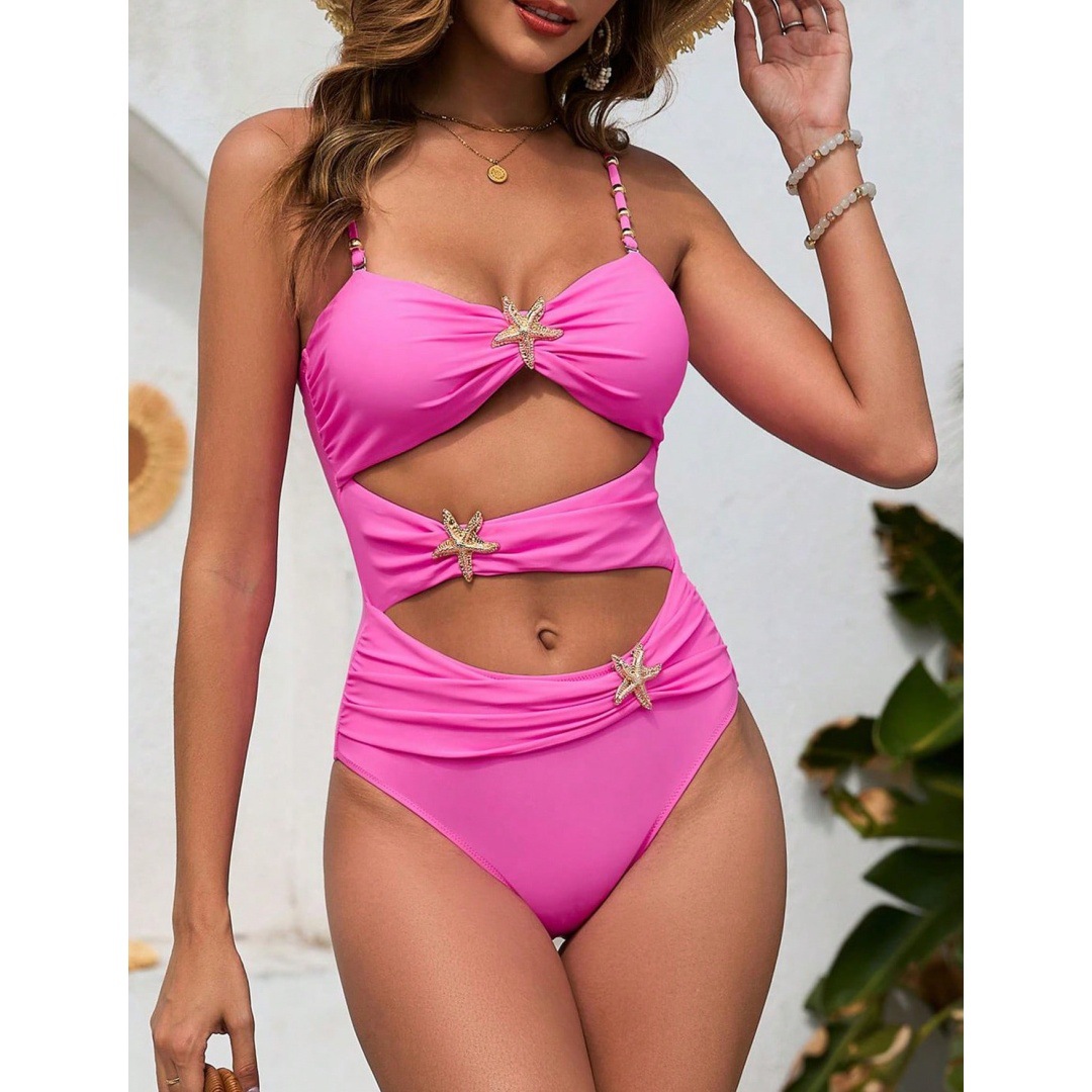 Women Solid Patchwork Metal Button Beaded One-Piece swimwear
