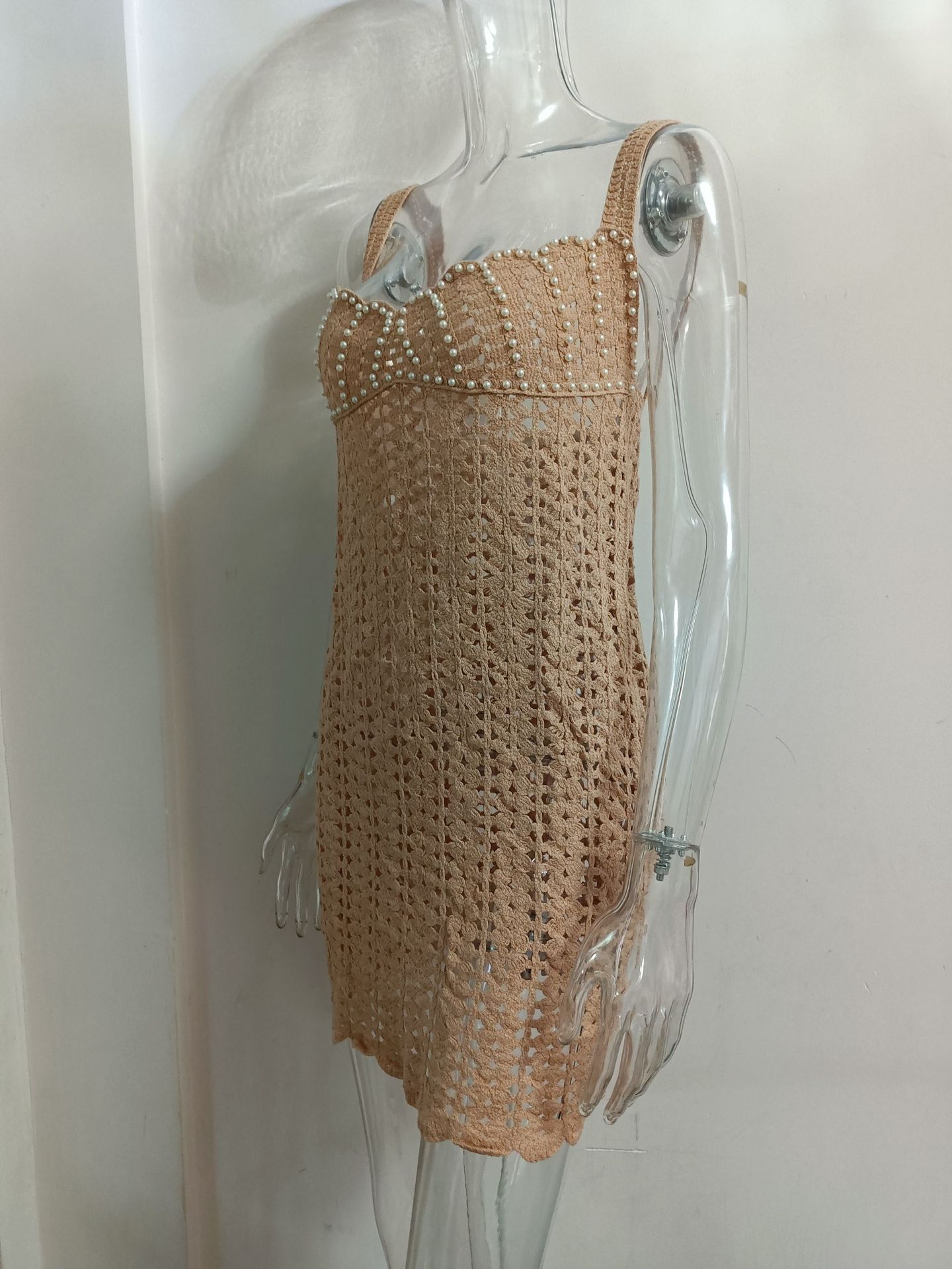 Women knitting v-neck pearl hollow Strap Dress