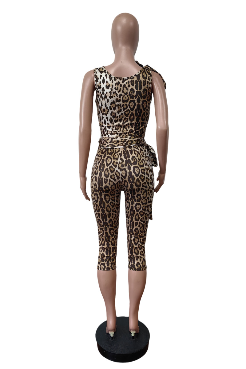 Leopard Printed Lace-Up Cropped Top Pants Two Piece Set