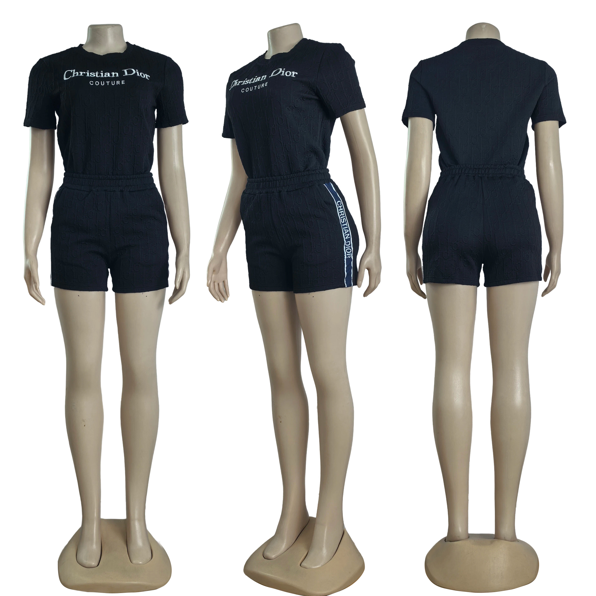 Women Embroidered short-sleeved top and shorts jacquard two-piece set
