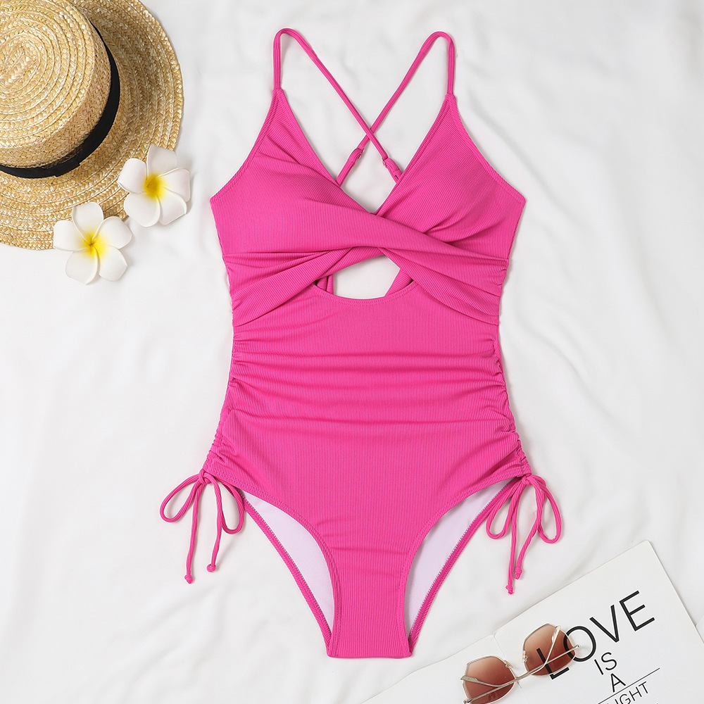 Spring Holidays Women Sexy Deep V Neck Hollow One-Piece Swimsuit