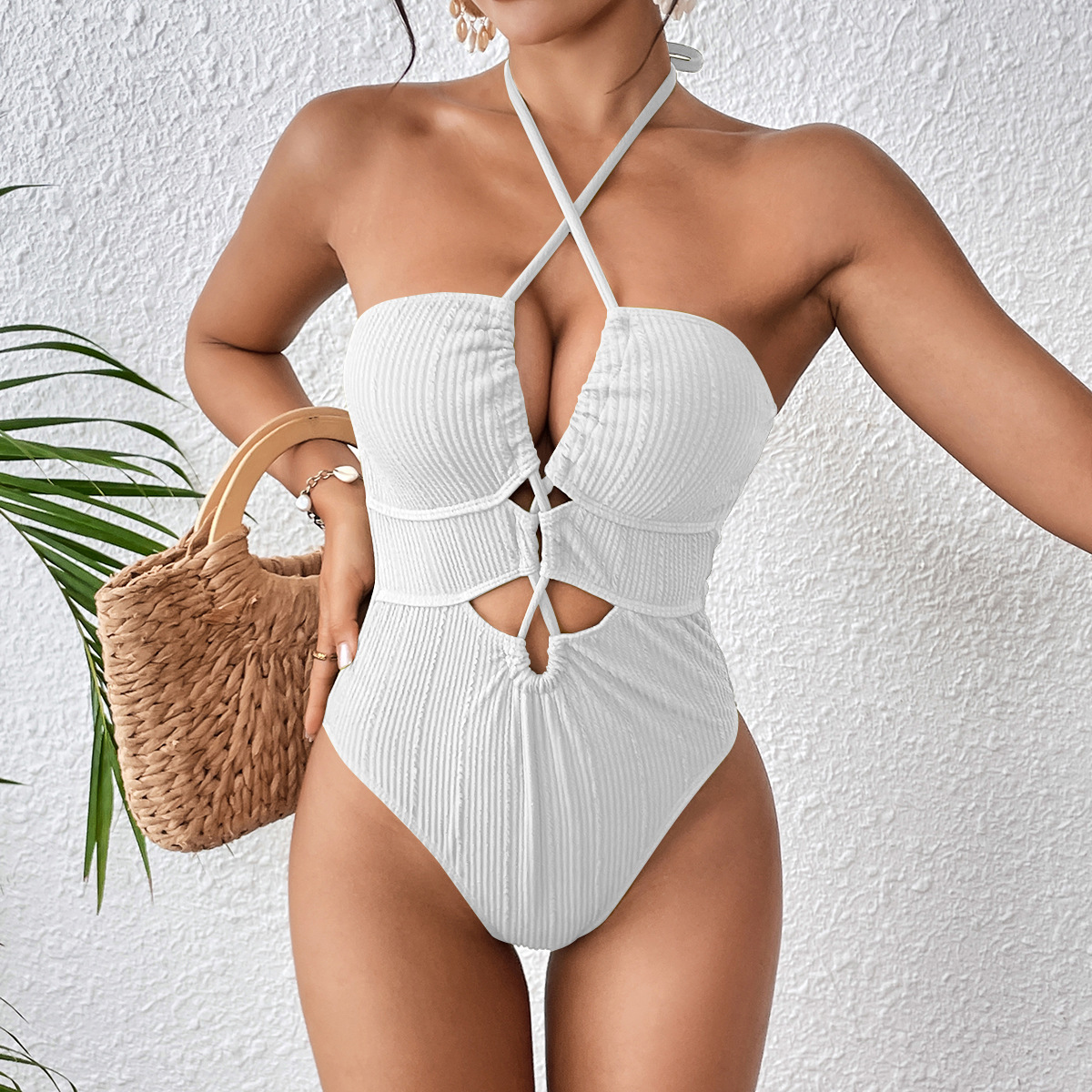 Ribbed Solid Color One-Piece Lace-Up Low Back Sexy Swimsuit