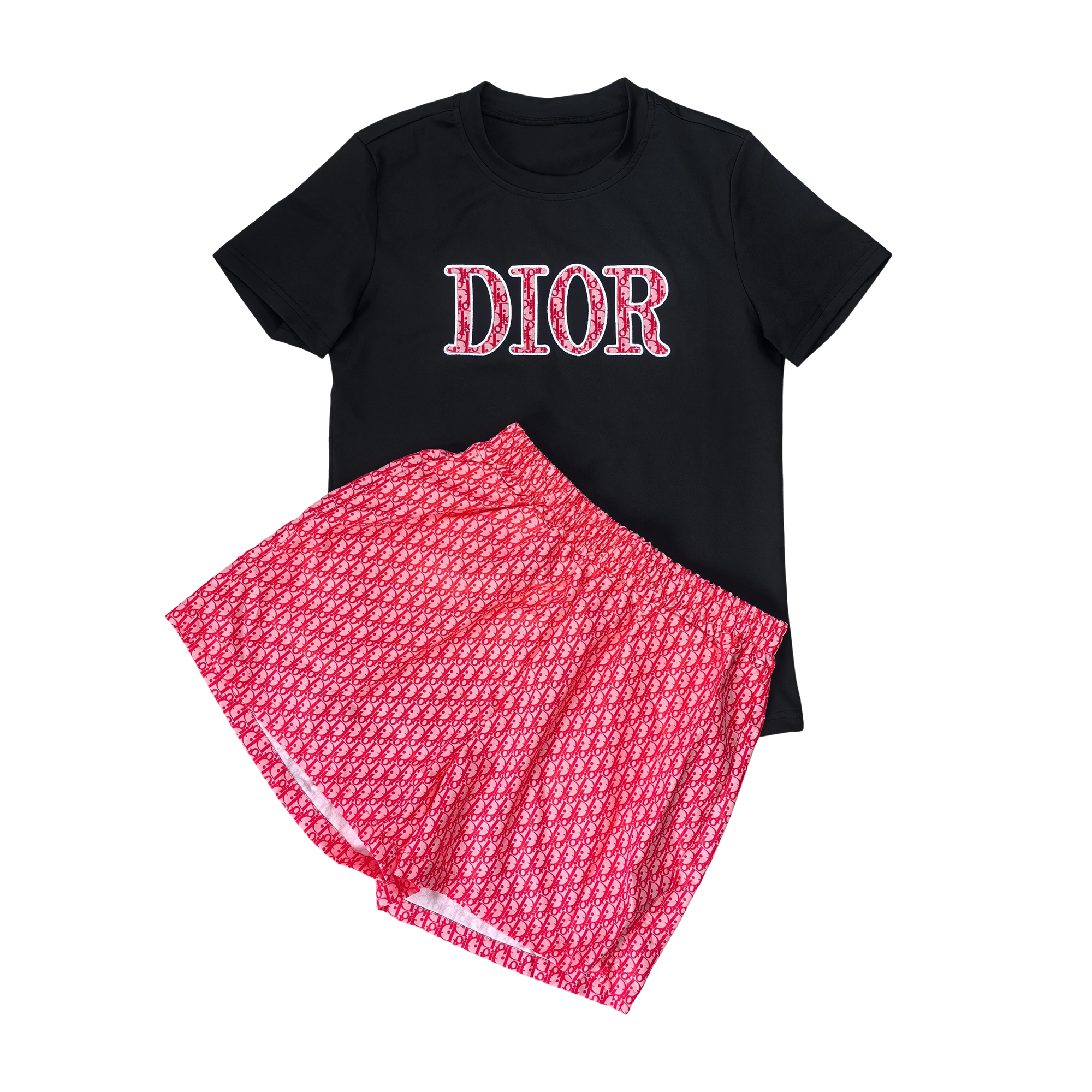 Women summer embroidery + printed short-sleeved top and shorts two-piece set